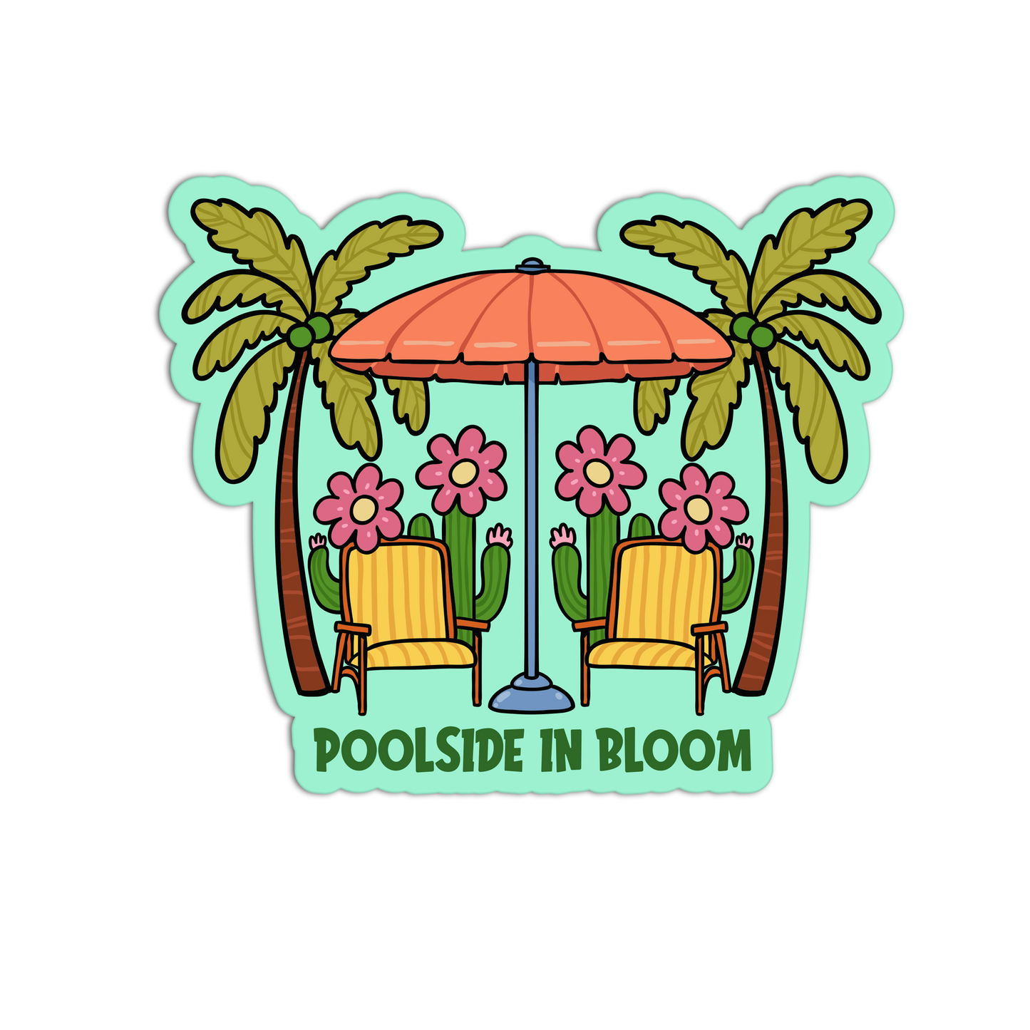 Sticker with palm trees, flowers, and a beach umbrella on a light green background.