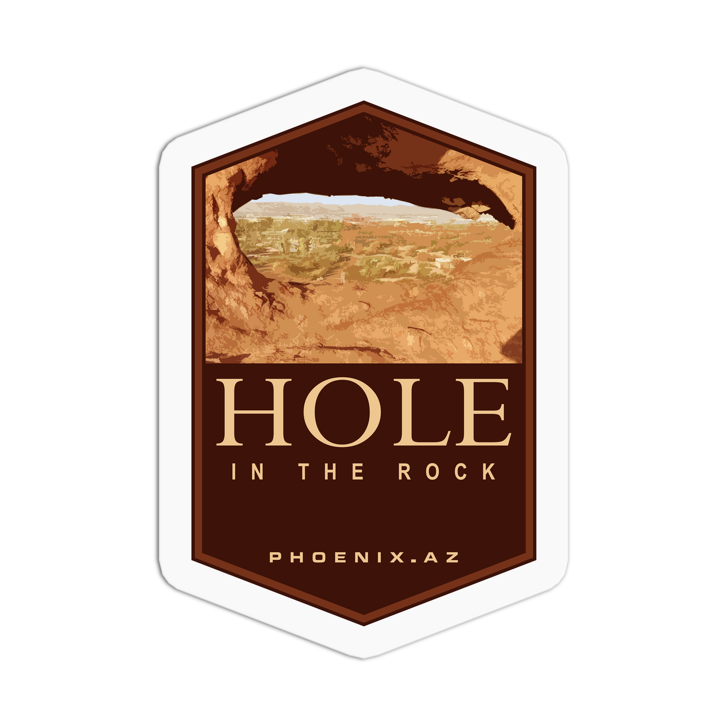 Logo of Hole in the Rock with a scenic view and text on a white background