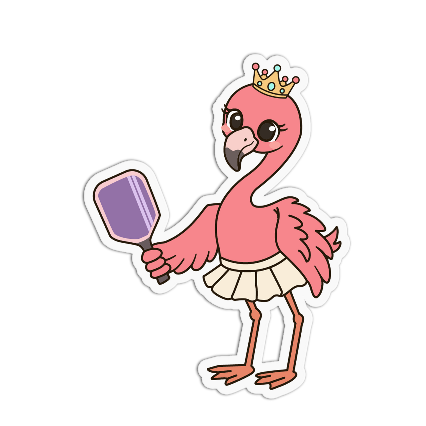 Cartoon flamingo with a crown and paddle on a transparent background