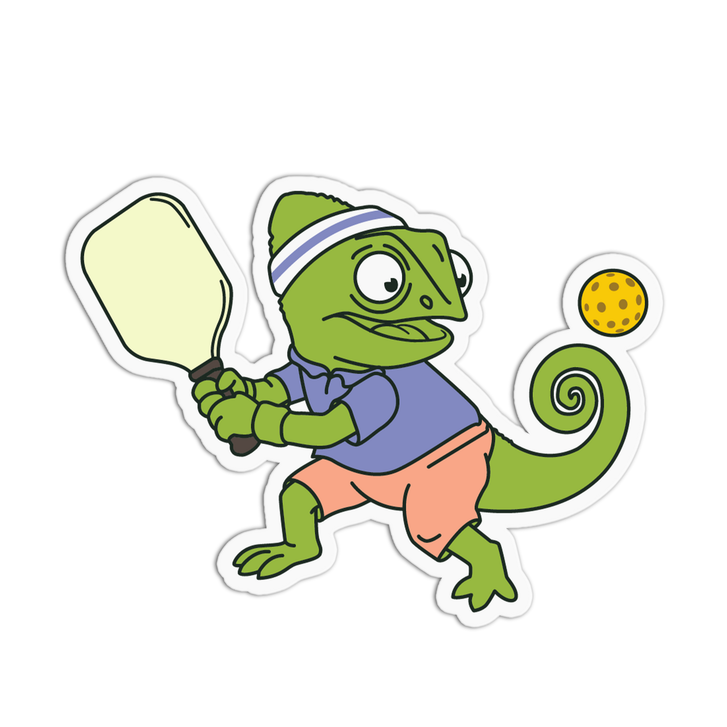 Cartoon lizard playing paddle ball on a white background
