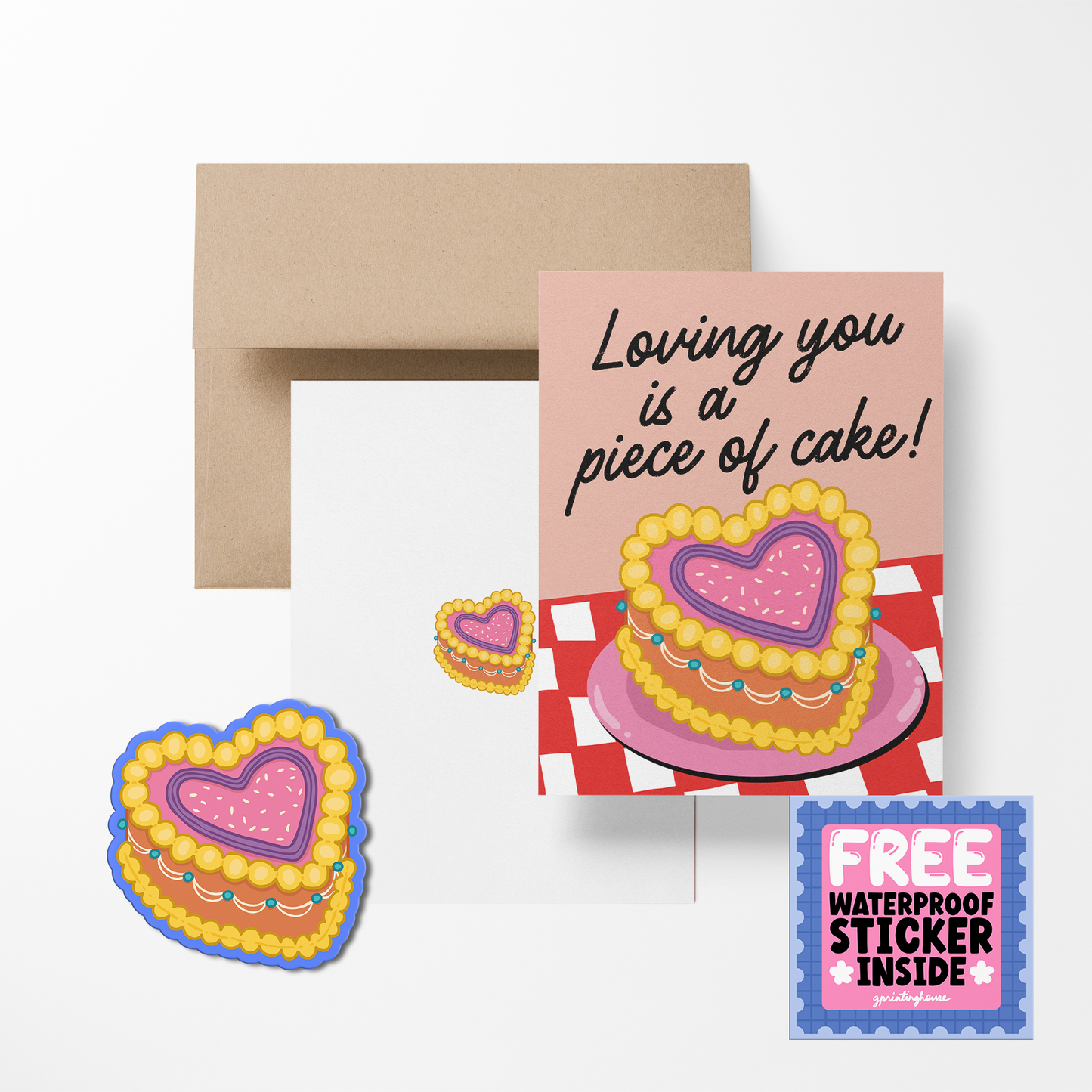 Greeting card with cake illustration and envelope on a white background