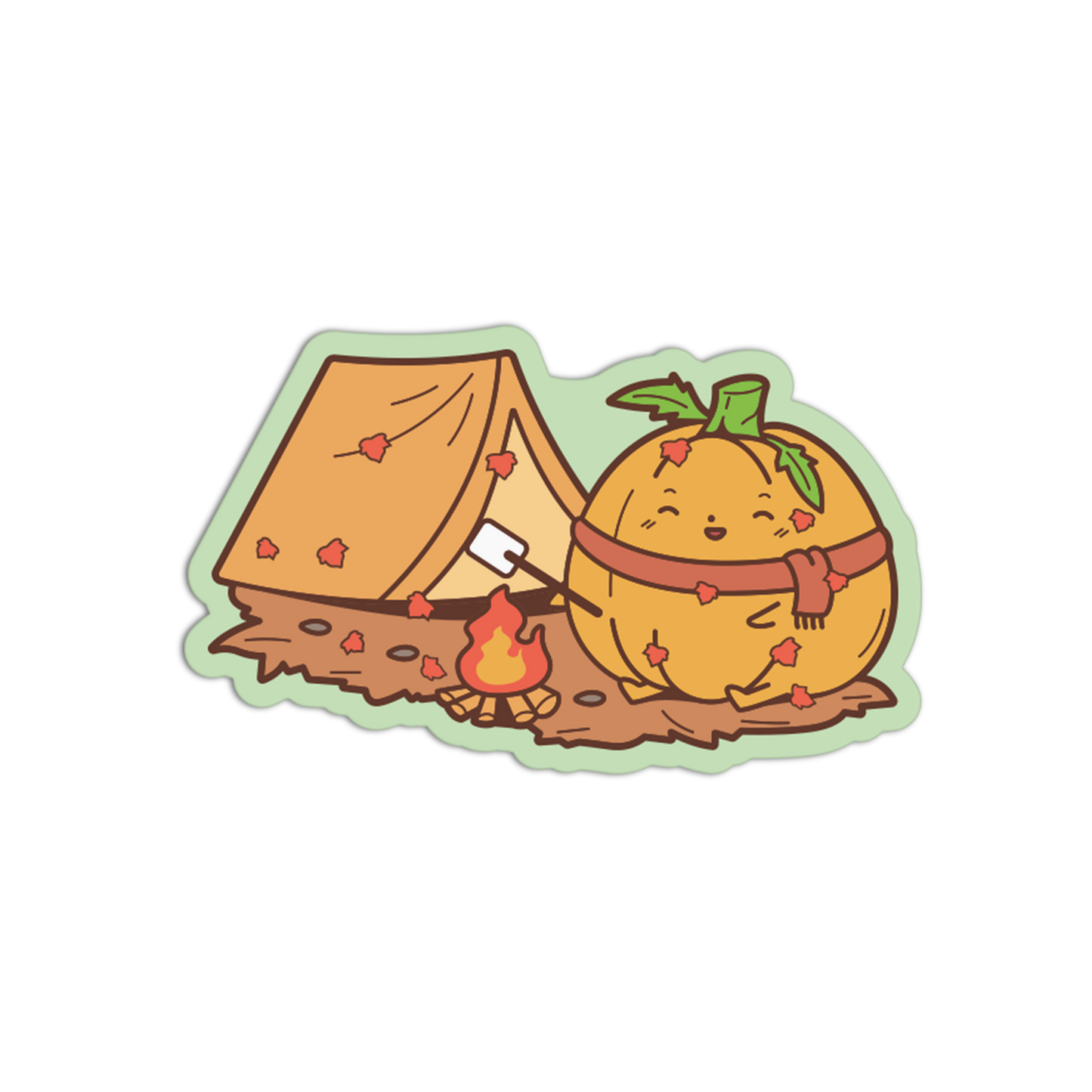 A cute cartoon camping sticker featuring a smiling orange character with a green leafy stem, wearing a brown band and scarf, roasting a marshmallow over a small campfire next to a tan tent on a log, all outlined with a light green border.