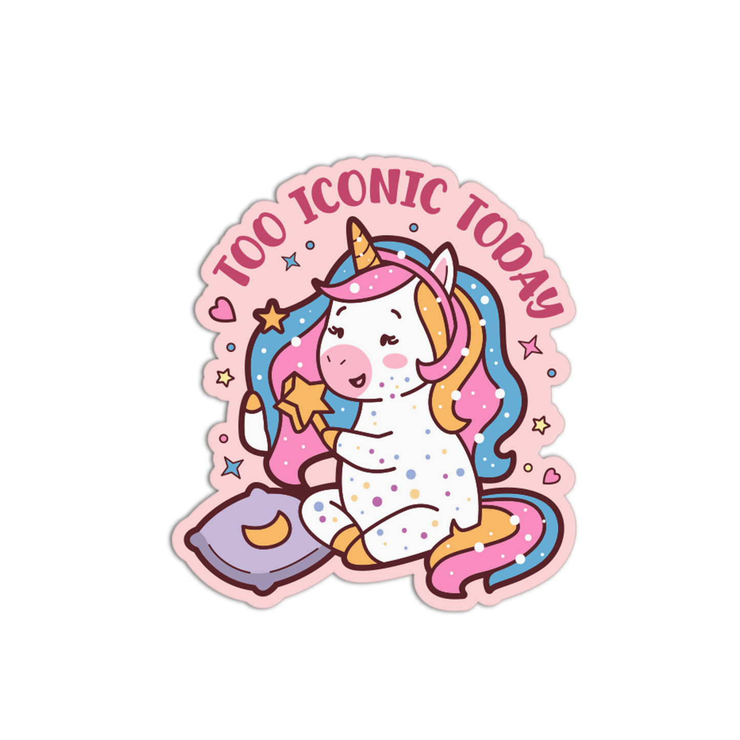 Sticker with a cartoon unicorn holding a star, surrounded by decorative elements on a white background.