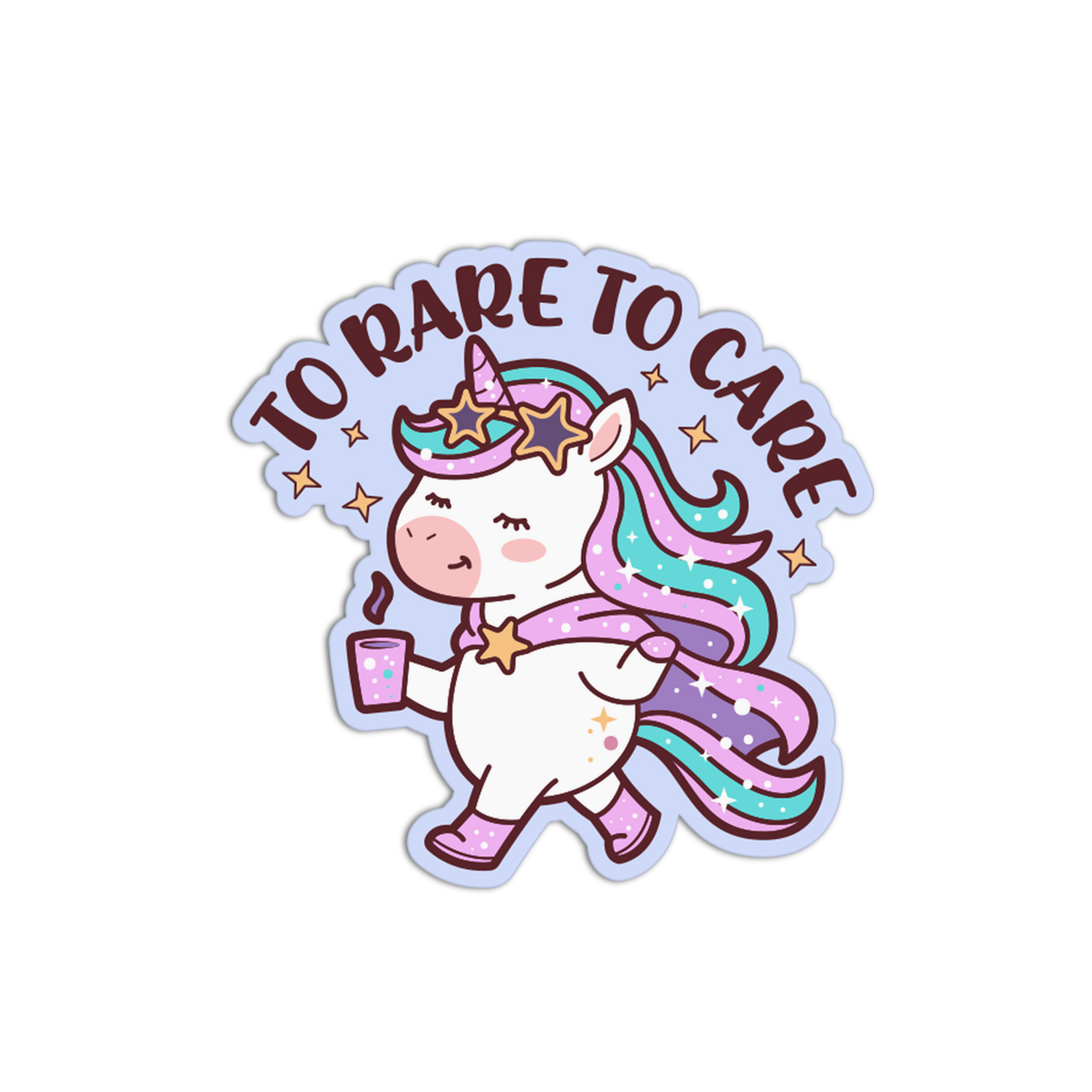 Sticker with a unicorn holding a coffee cup and 'To Rare to Care' text on a white background