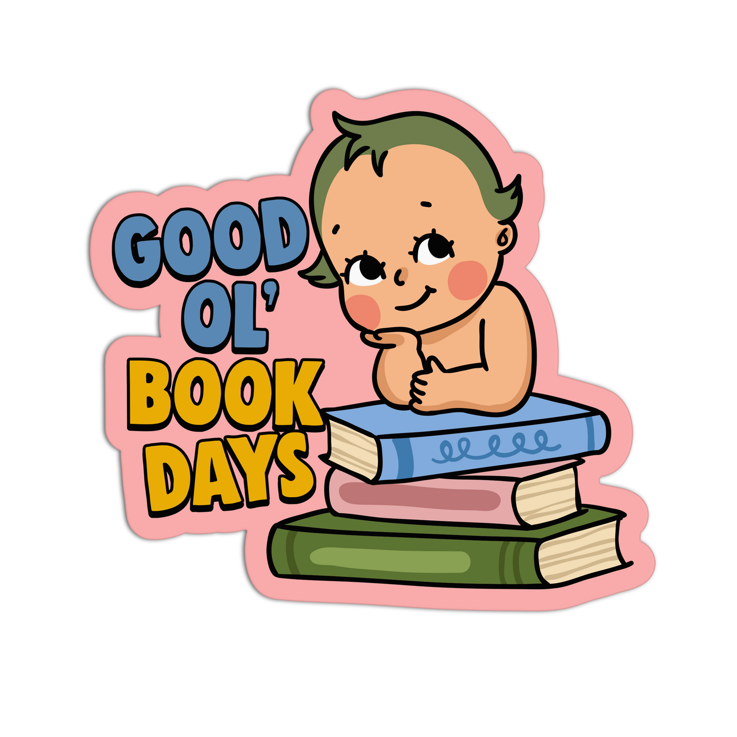 Cartoon baby sitting on books with 'Good Ol' Book Days' text on a pink background