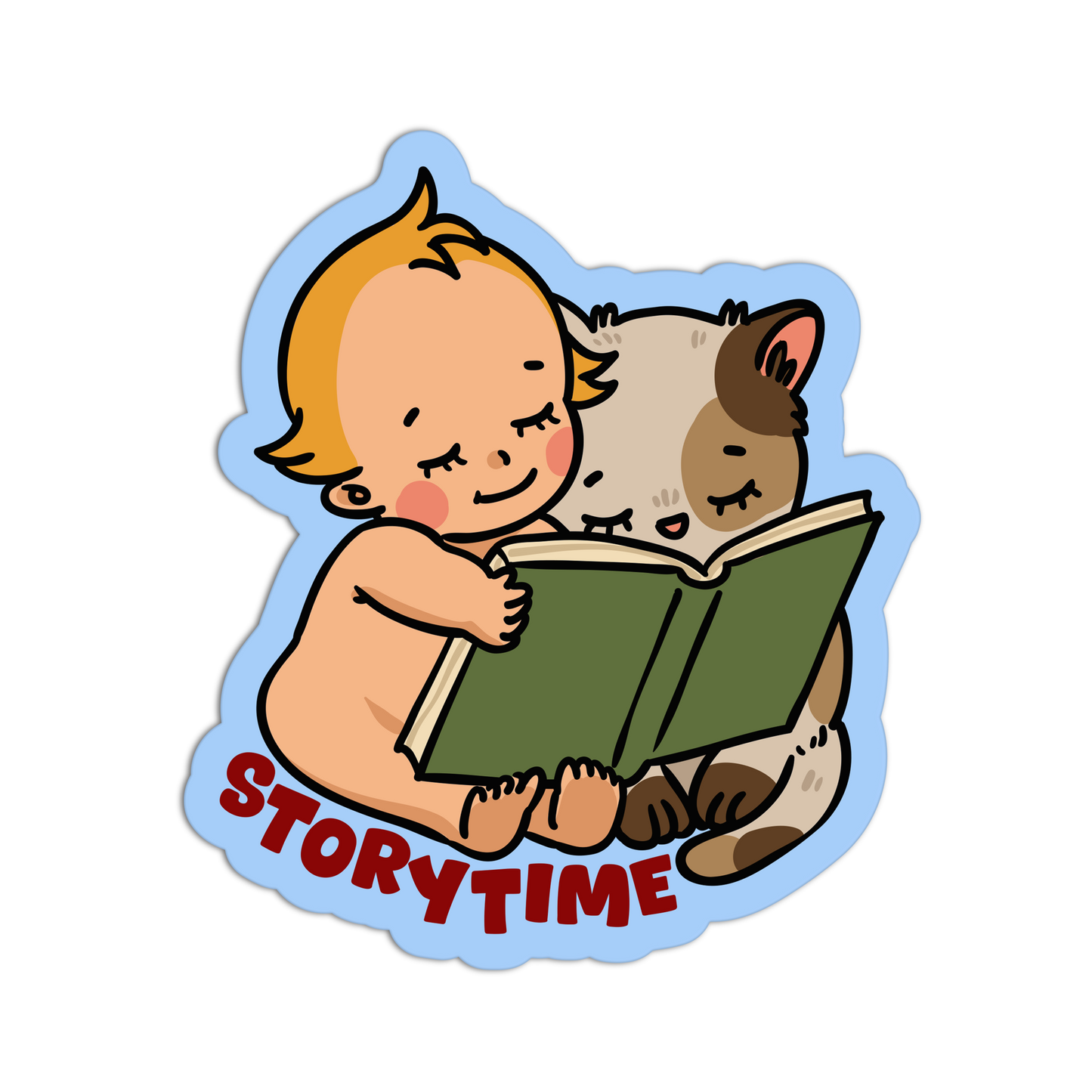 Illustration of a child reading to a cat with 'Storytime' text on a white background