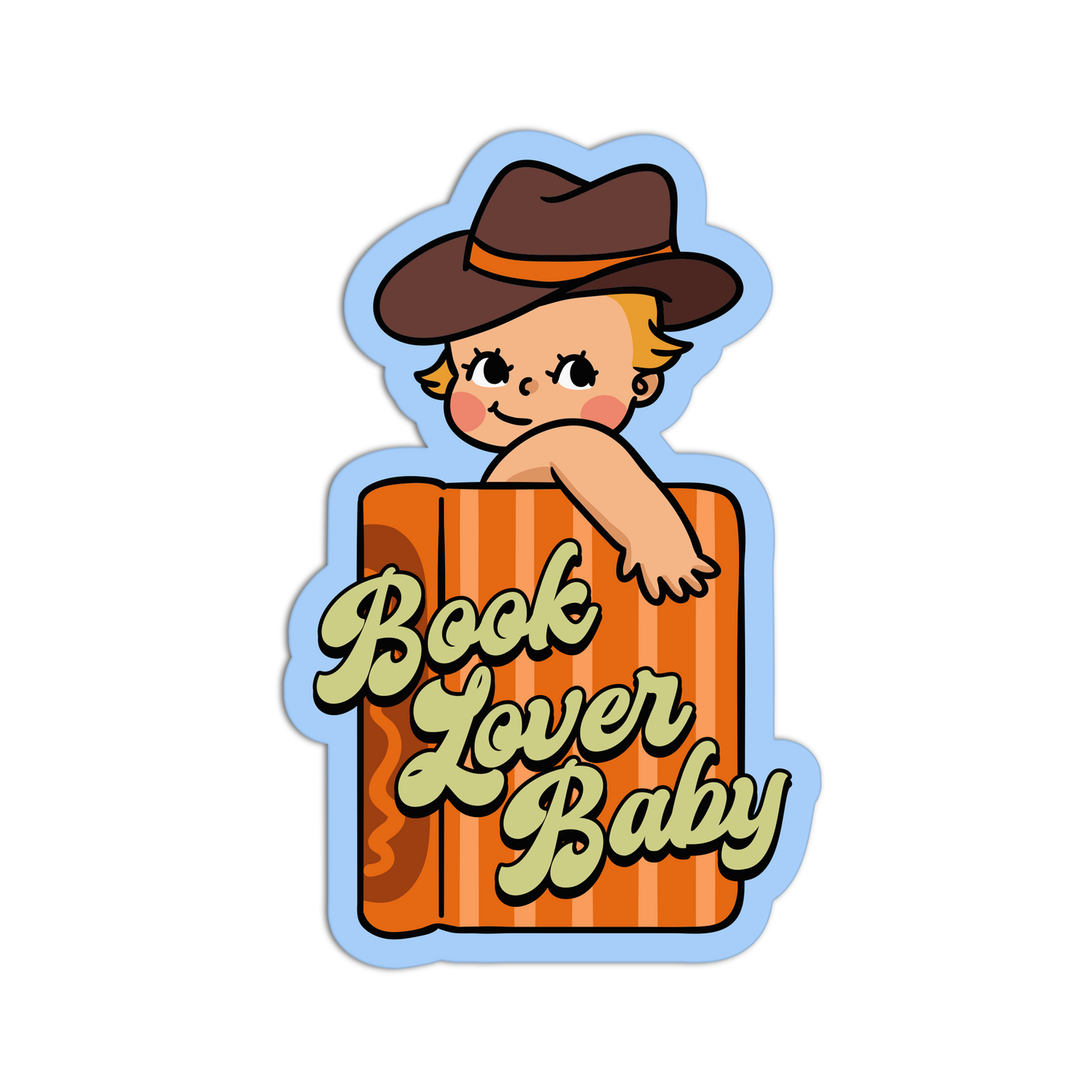 Illustration of a baby in a book with 'Book Lover Baby' text on a white background