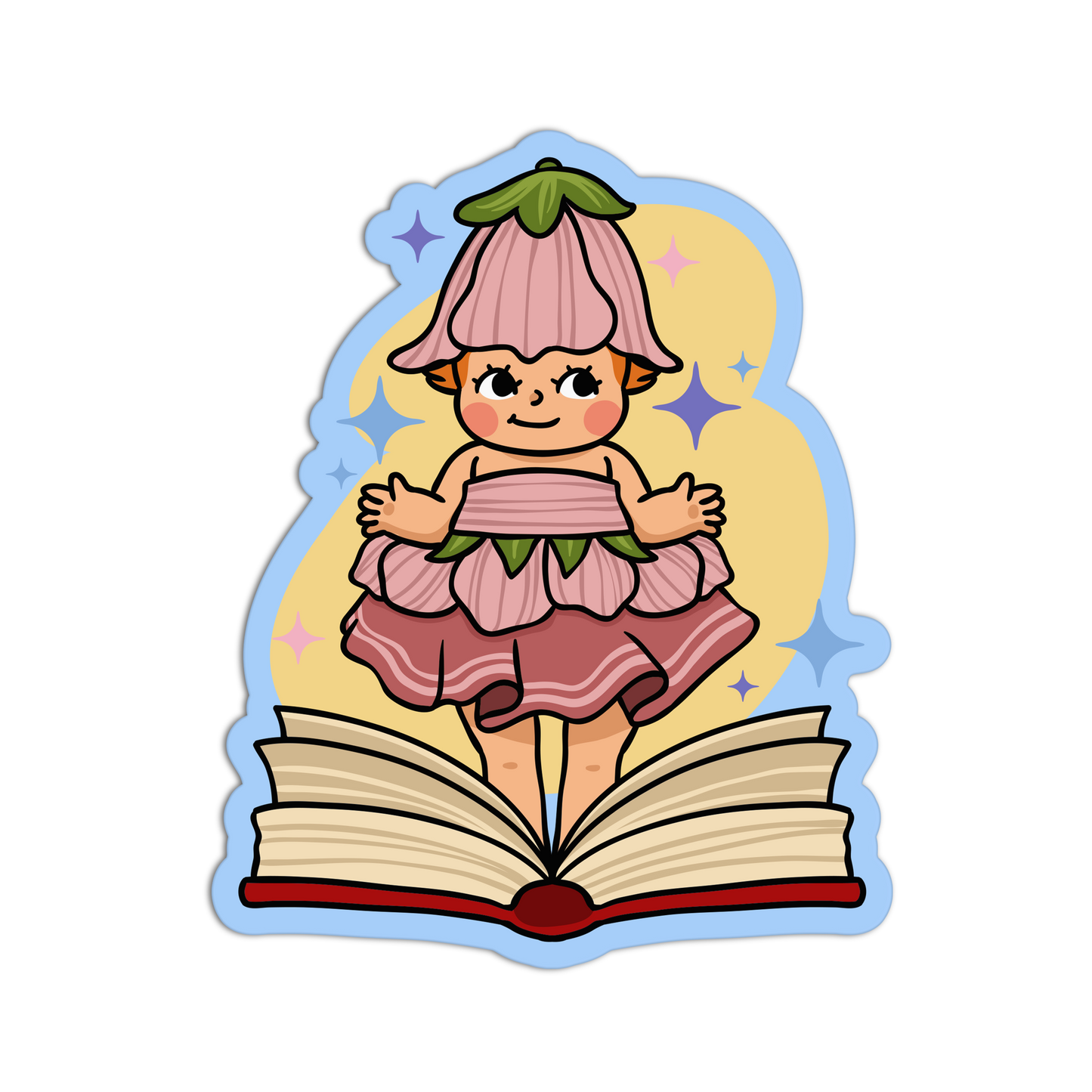 Illustration of a character in a pink dress with a flower hat standing on an open book.