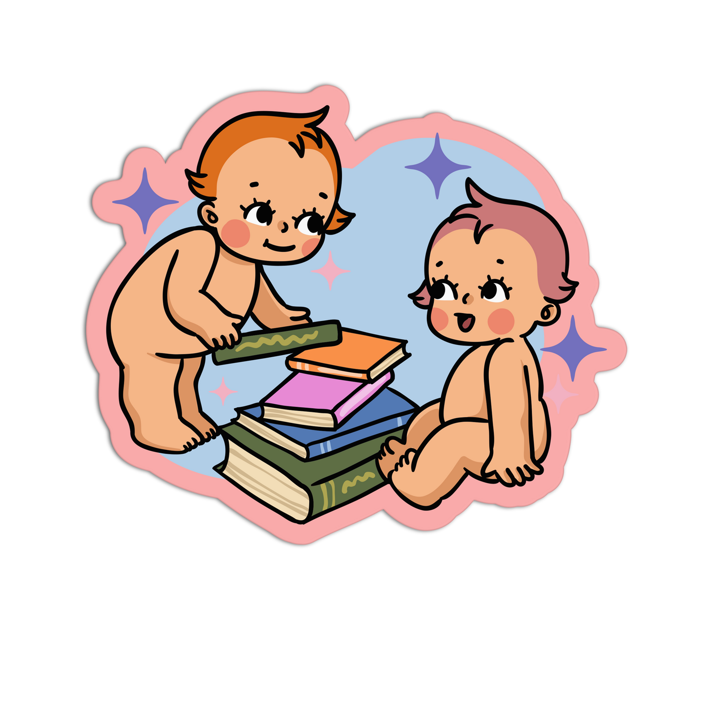 Illustration of two babies playing with books on a pink and blue background
