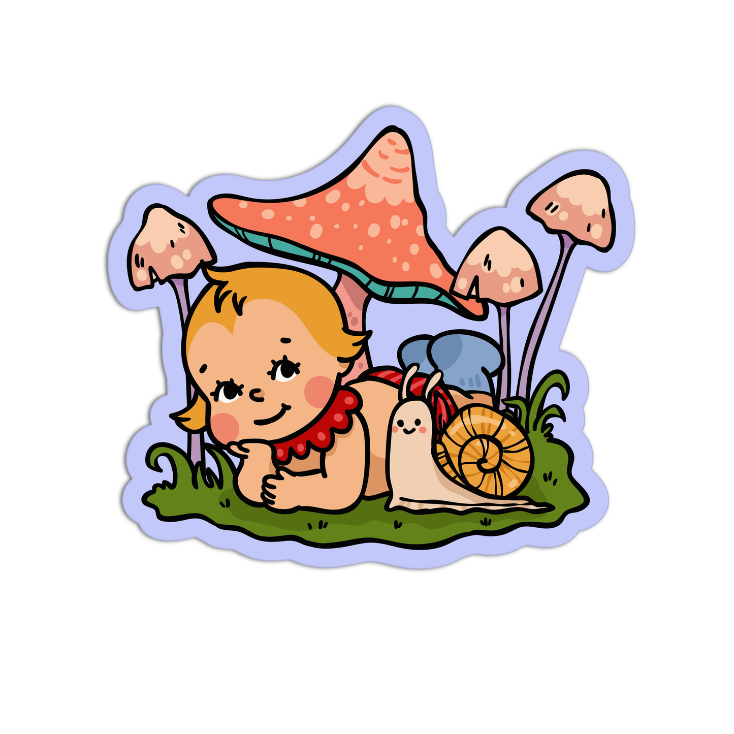 Illustration of a baby with a mushroom and snail on a grassy patch