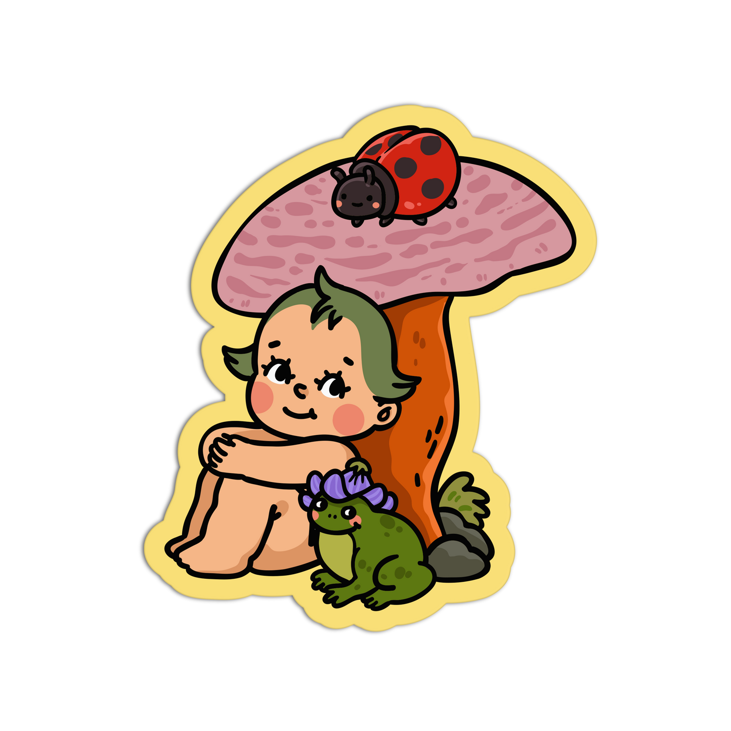 Illustration of a child under a mushroom with a ladybug and frog on a white background