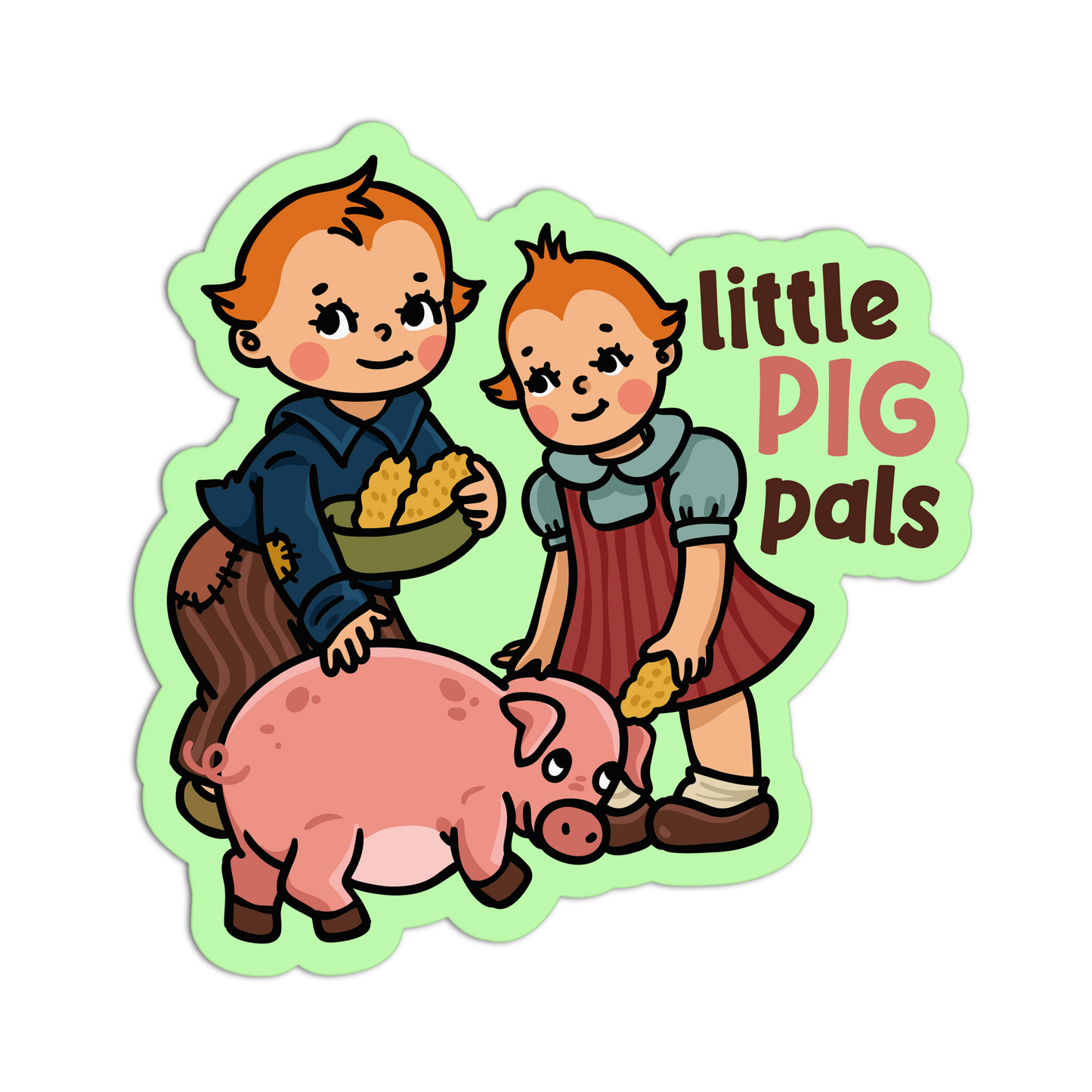 Illustration of two children with a pig, labeled 'little pig pals', on a green border.