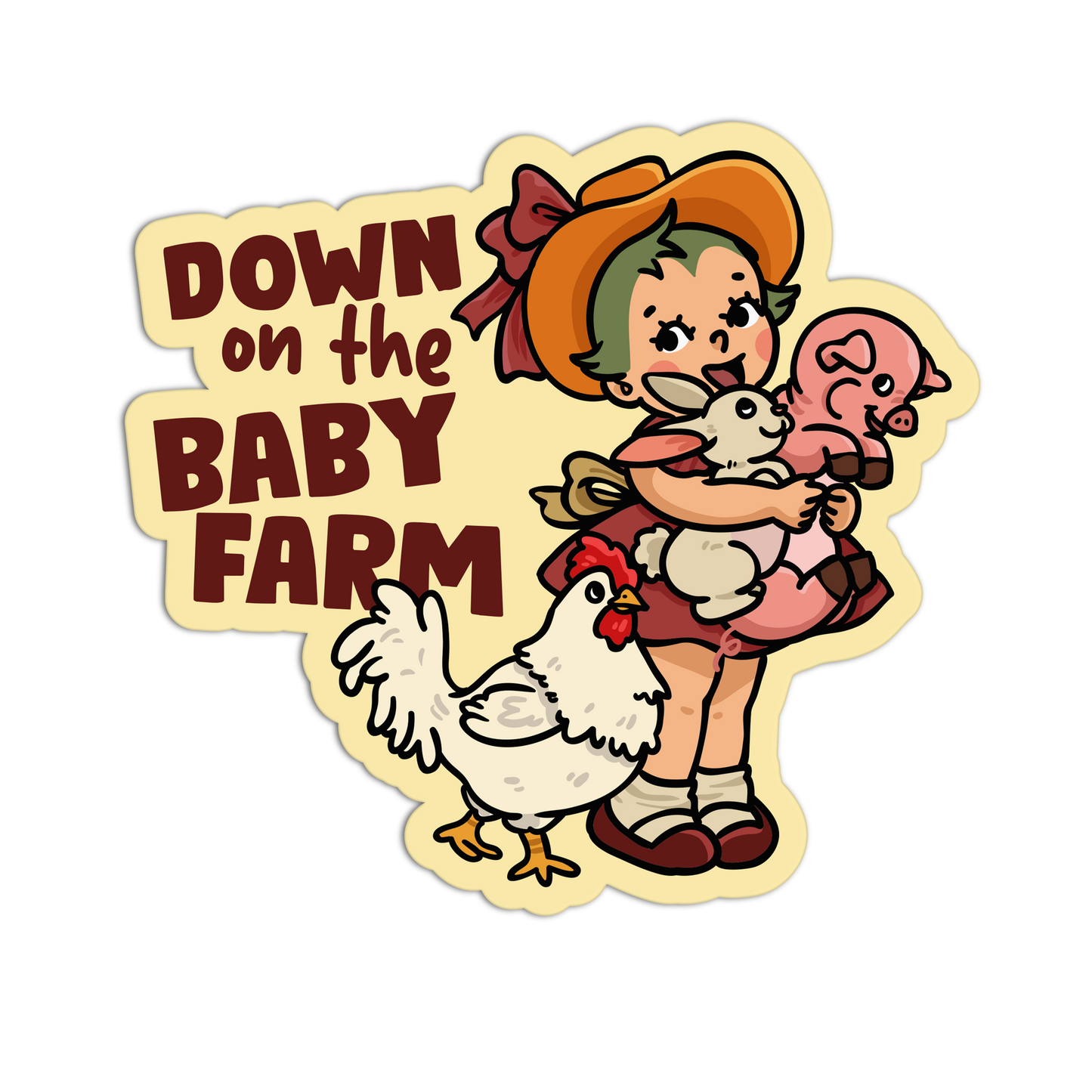 Sticker with a cartoon girl holding a lamb and piglet, surrounded by farm animals with 'Down on the Baby Farm' text.