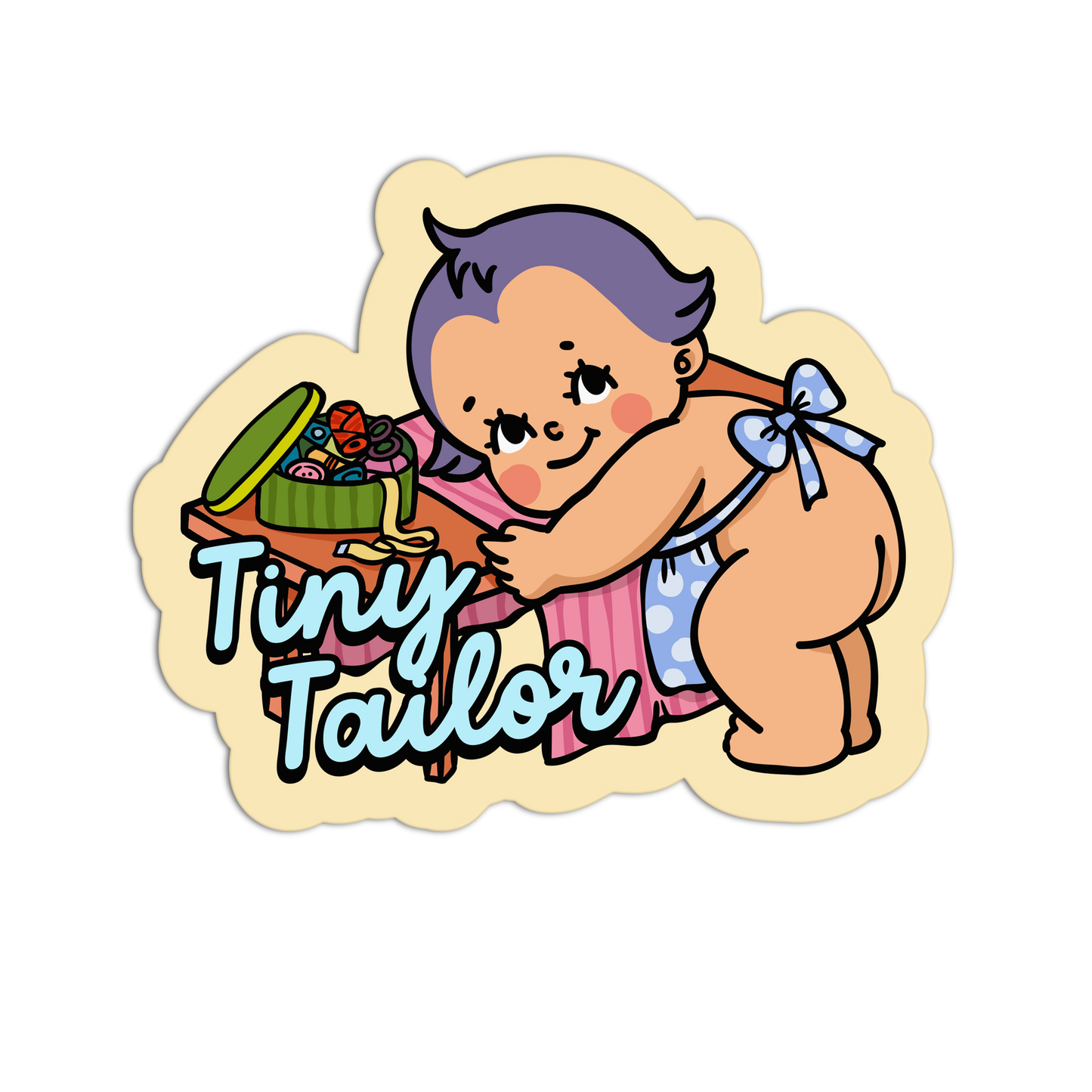 Sticker of a cartoon baby holding fabric with 'Tiny Tailor' text on a white background