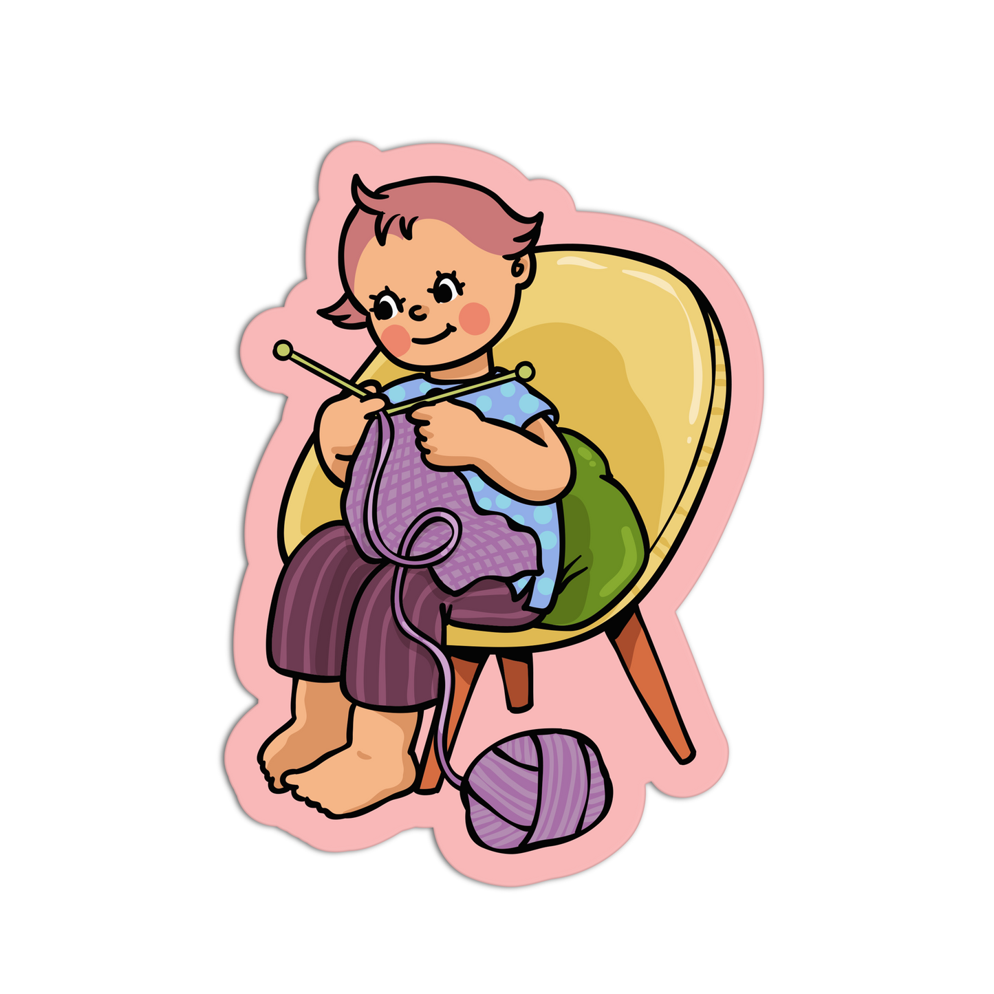 Illustration of a child knitting on a chair with a ball of yarn on a white background