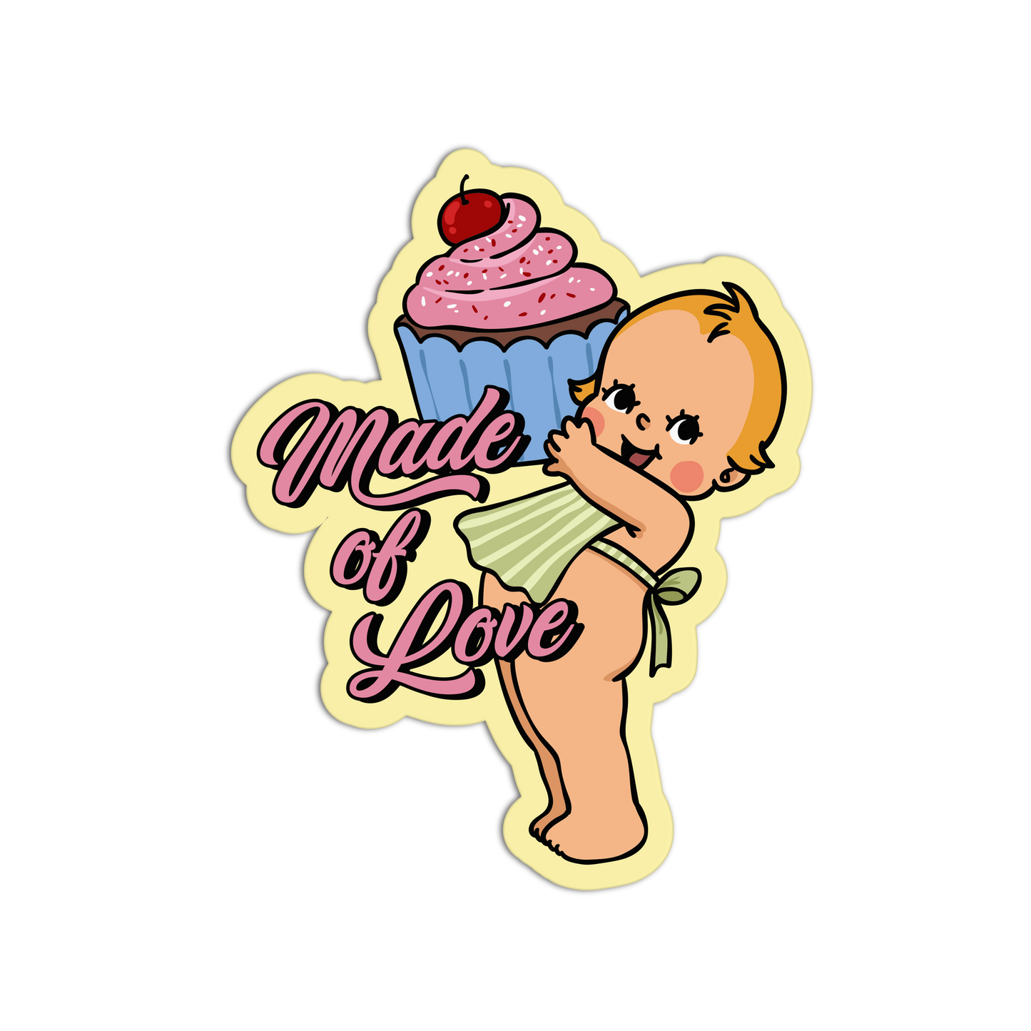 Sticker of a baby holding a cupcake with 'Made of Love' text on a white background