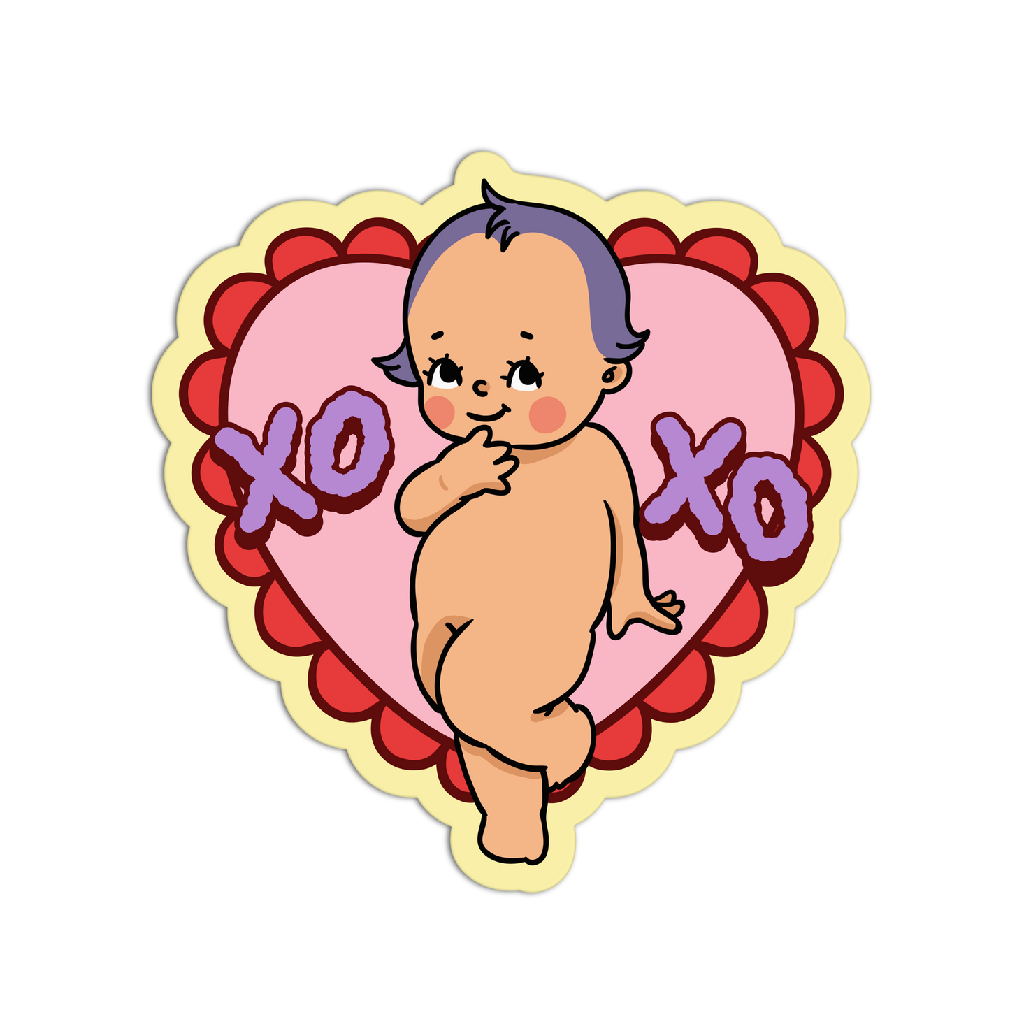 Sticker with a baby illustration and 'XO' text on a heart background