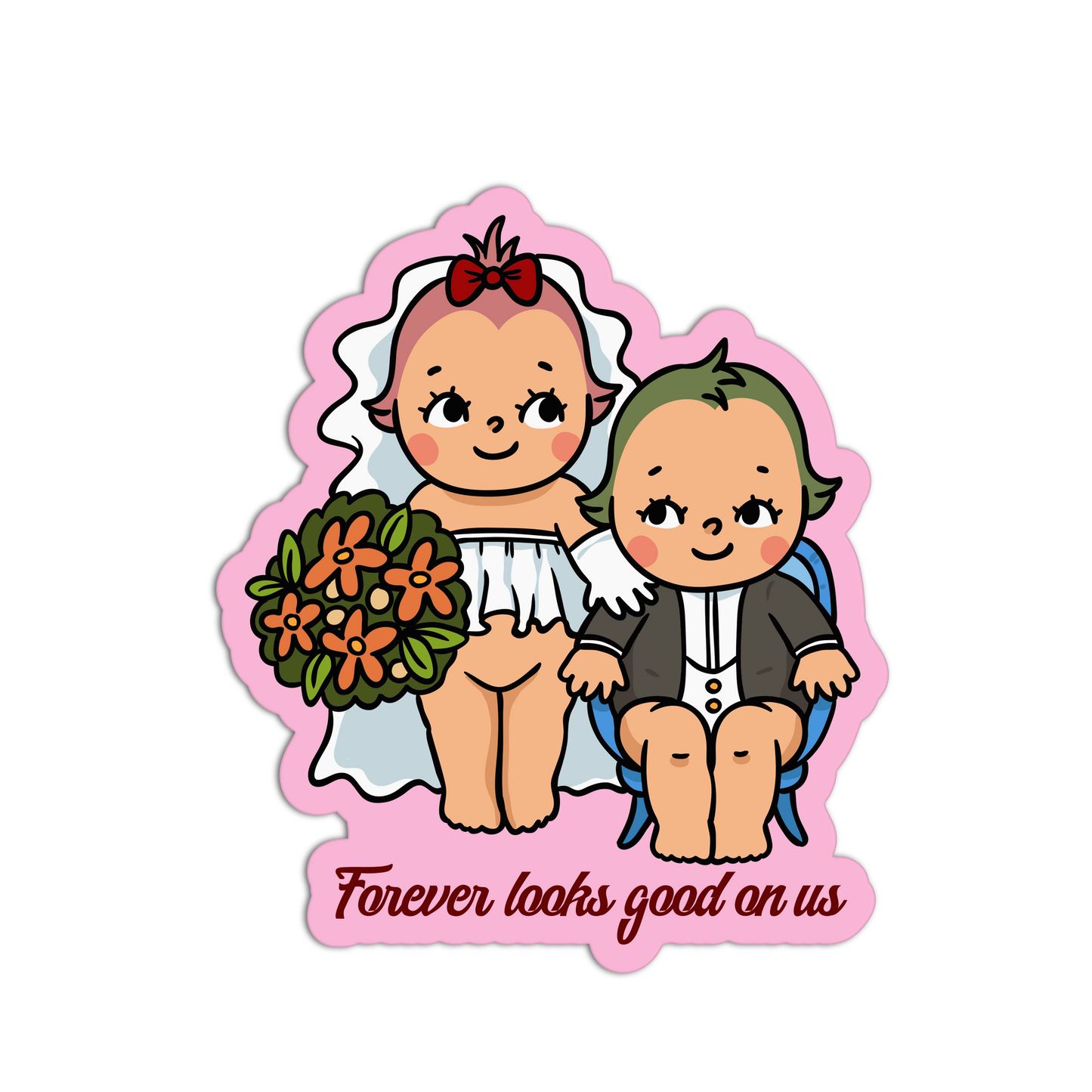 Illustration of a bride and groom with flowers on a pink border, featuring the text 'Forever looks good on us'.