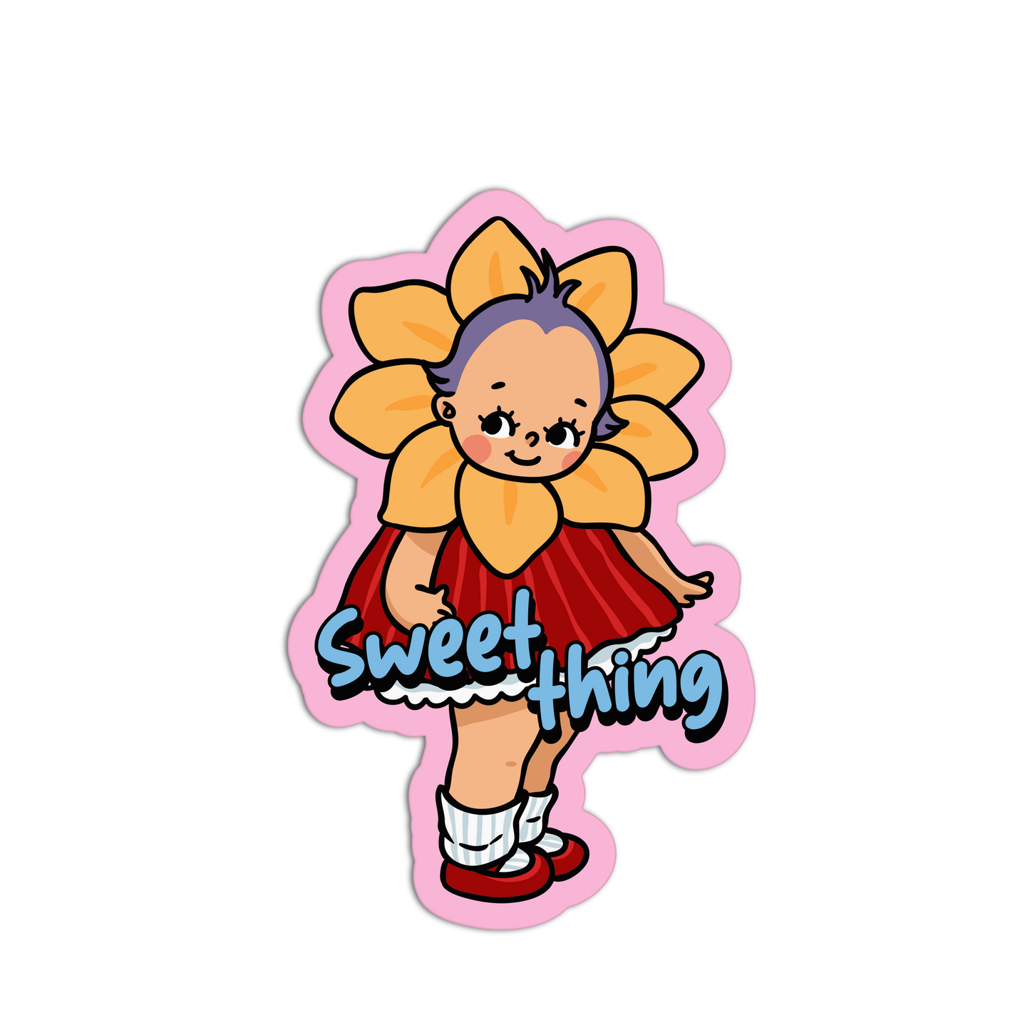 Cartoon character with sunflower design and 'sweet thing' text on a white background