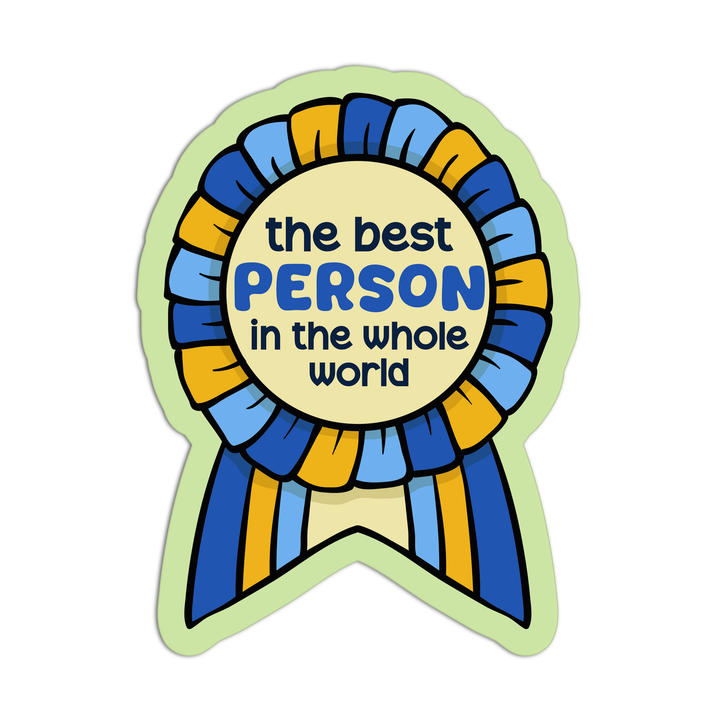 Decorative badge with blue and yellow ribbons and text on a white background