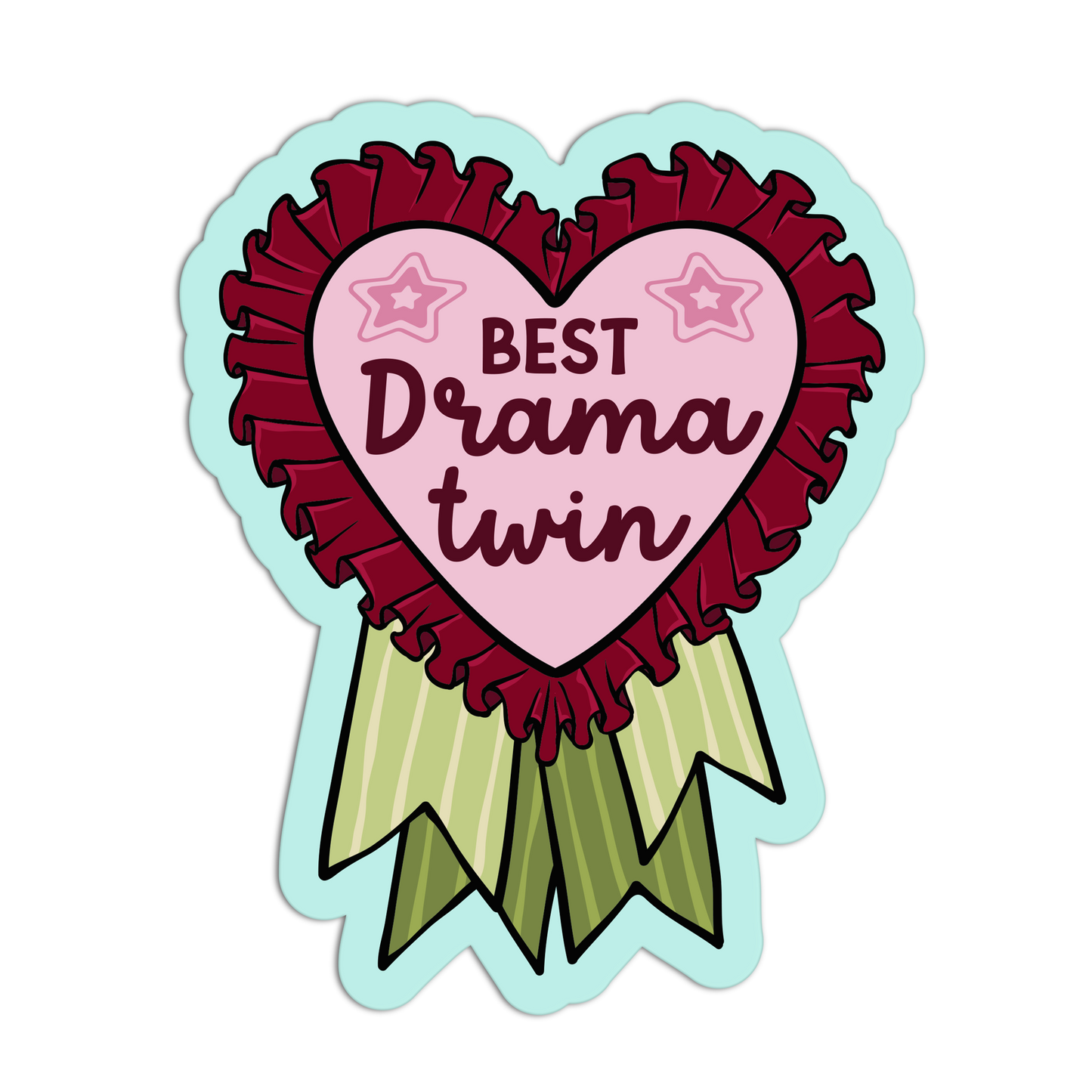 Sticker with a heart-shaped ribbon that says 'Best Drama Twin' on a white background