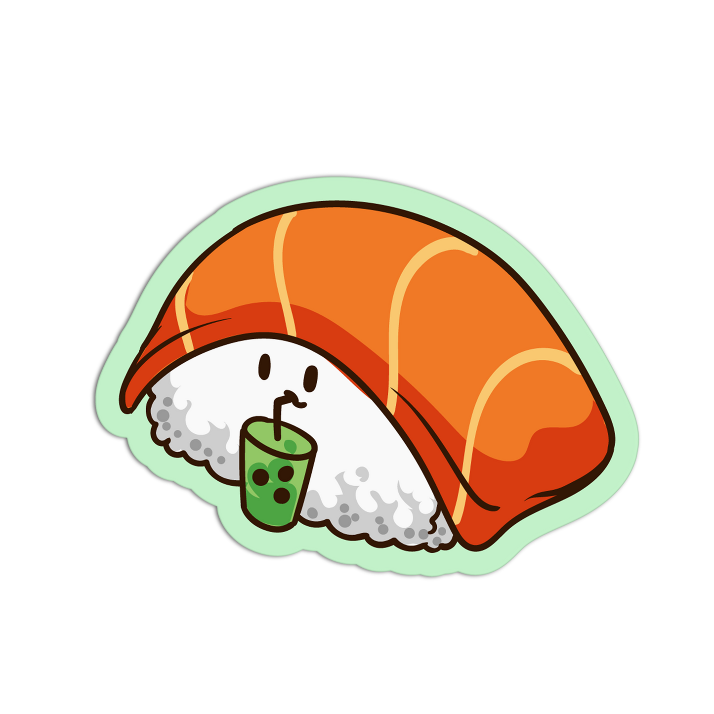 Cartoon sushi roll with a face drinking a green drink on a white background
