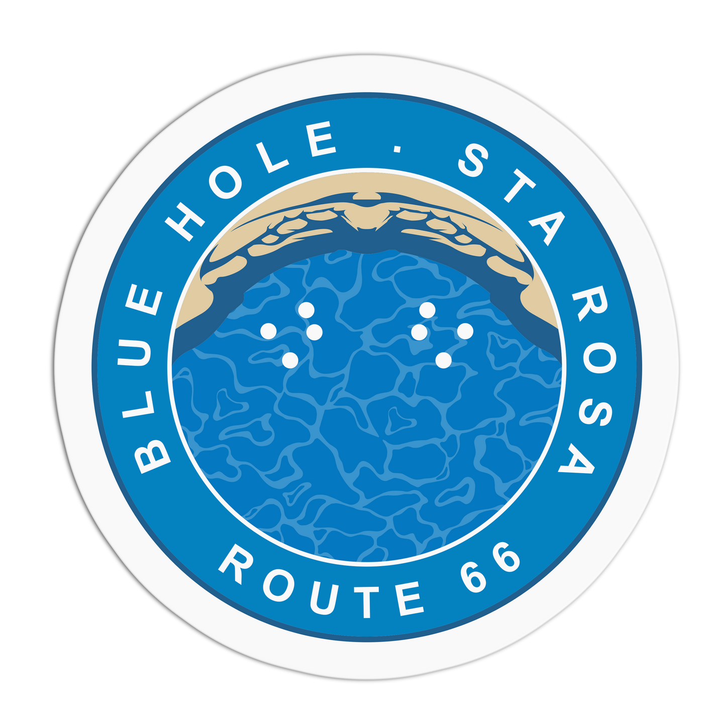 Circular sticker with Blue Hole Sta Rosa Route 66 text and blue water design