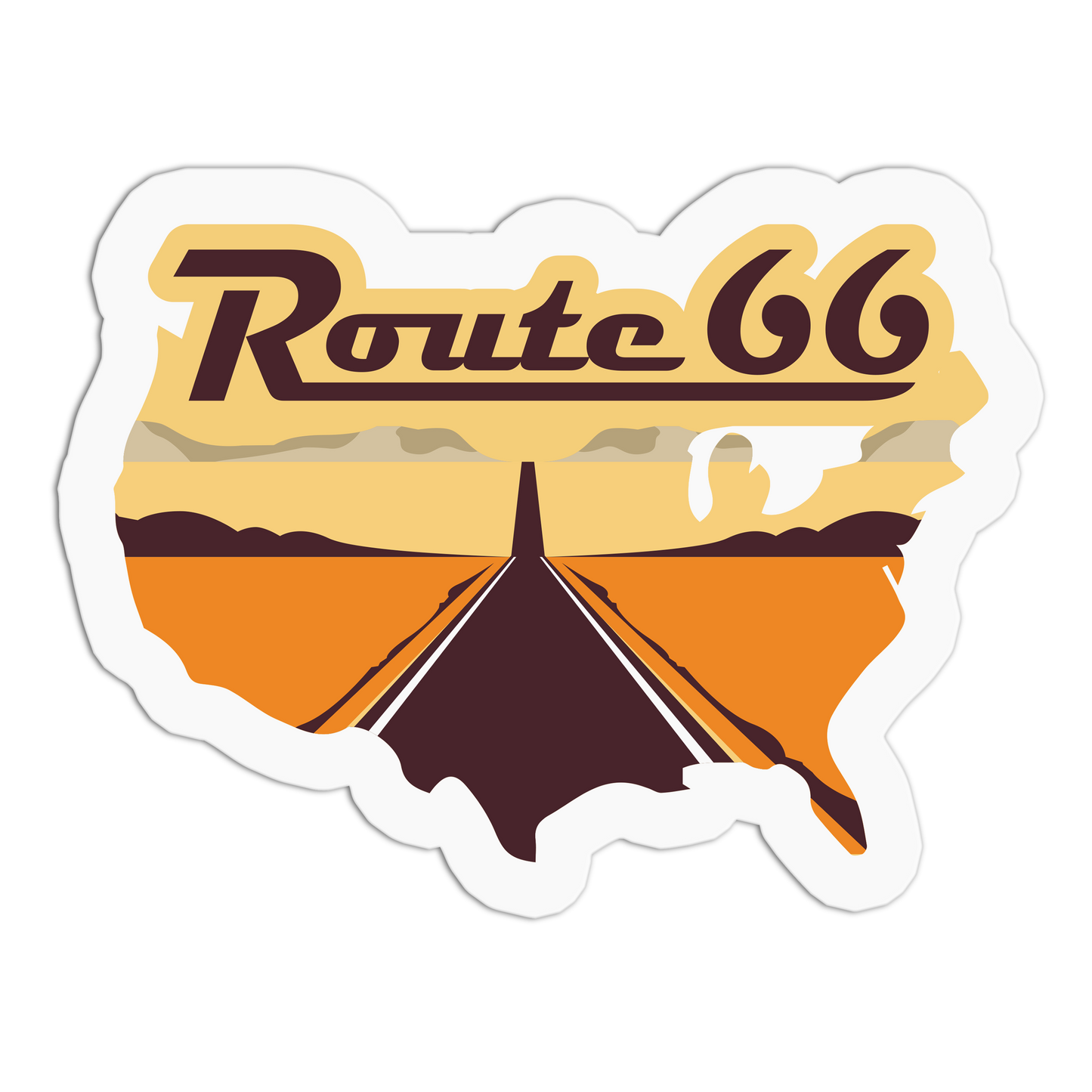 Sticker with 'Route 66' design featuring a road and landscape.