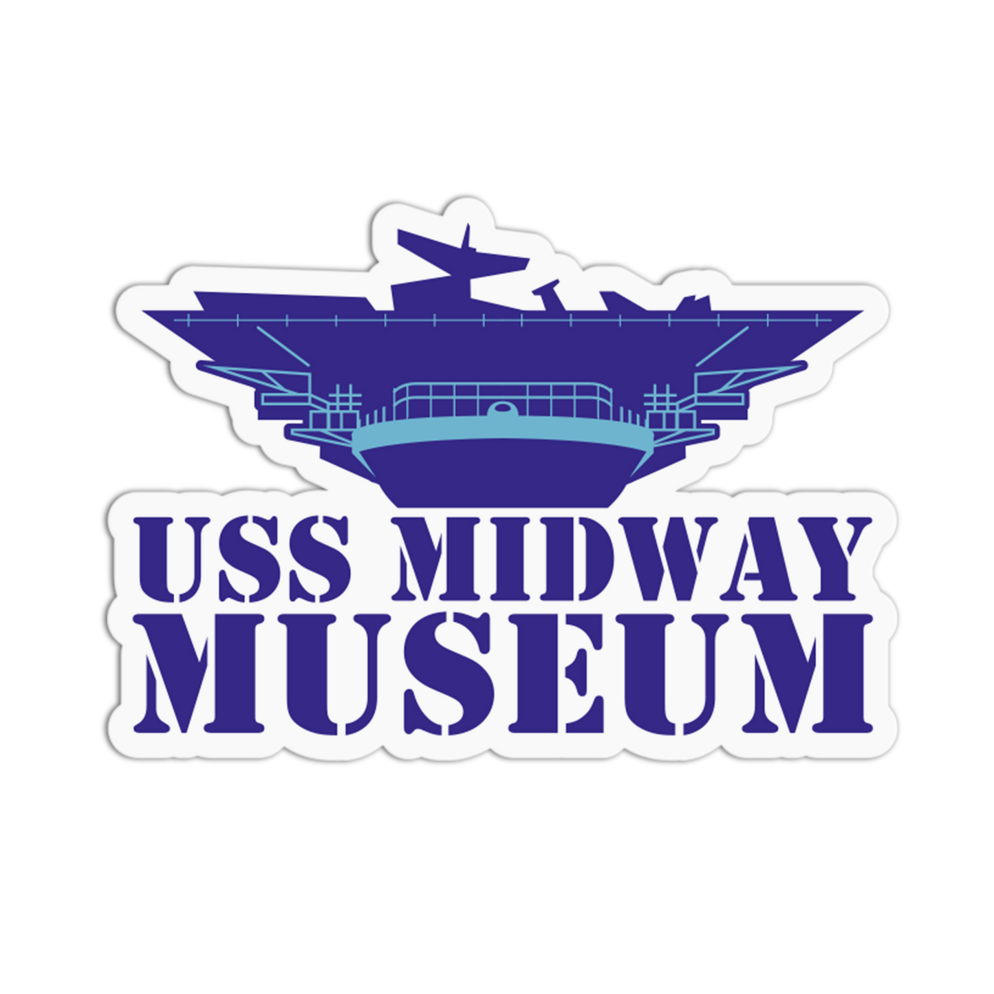 Sticker of USS Midway Museum with a ship design on a white background