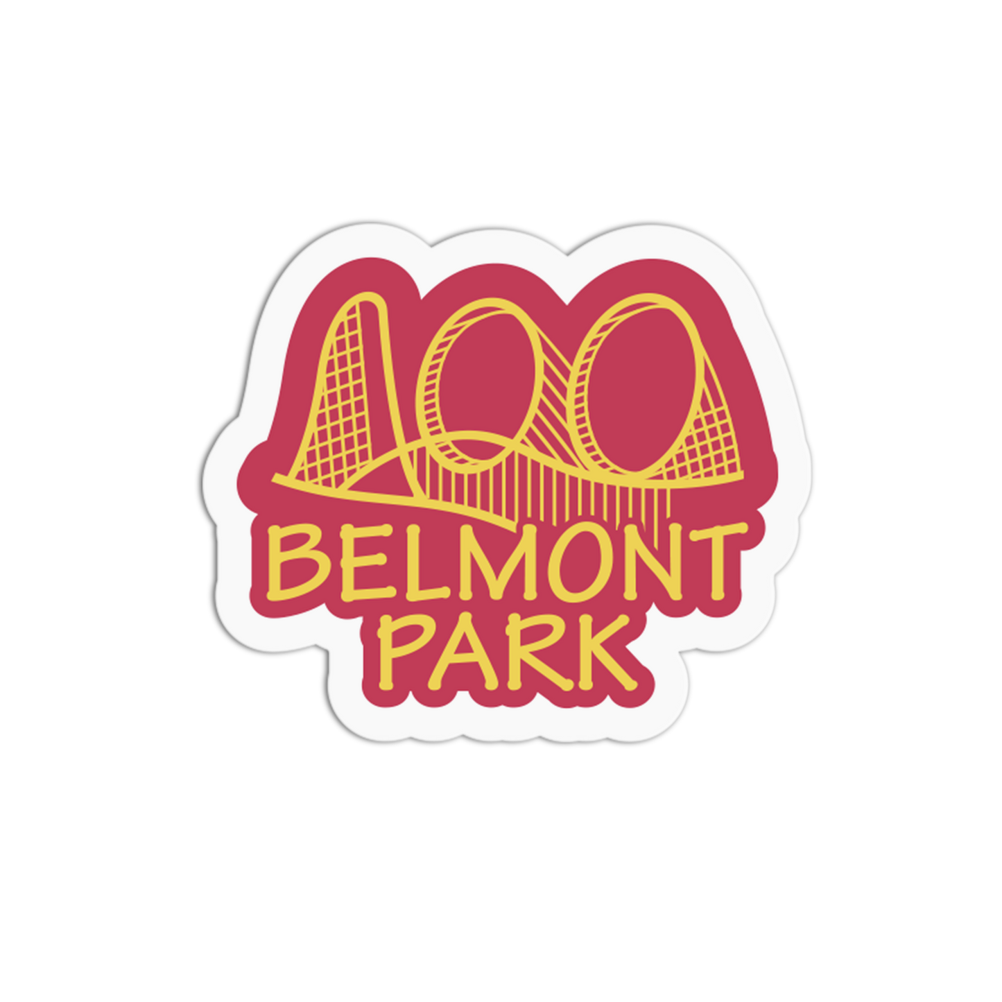 Sticker with 'Belmont Park' text and roller coaster design on a white background