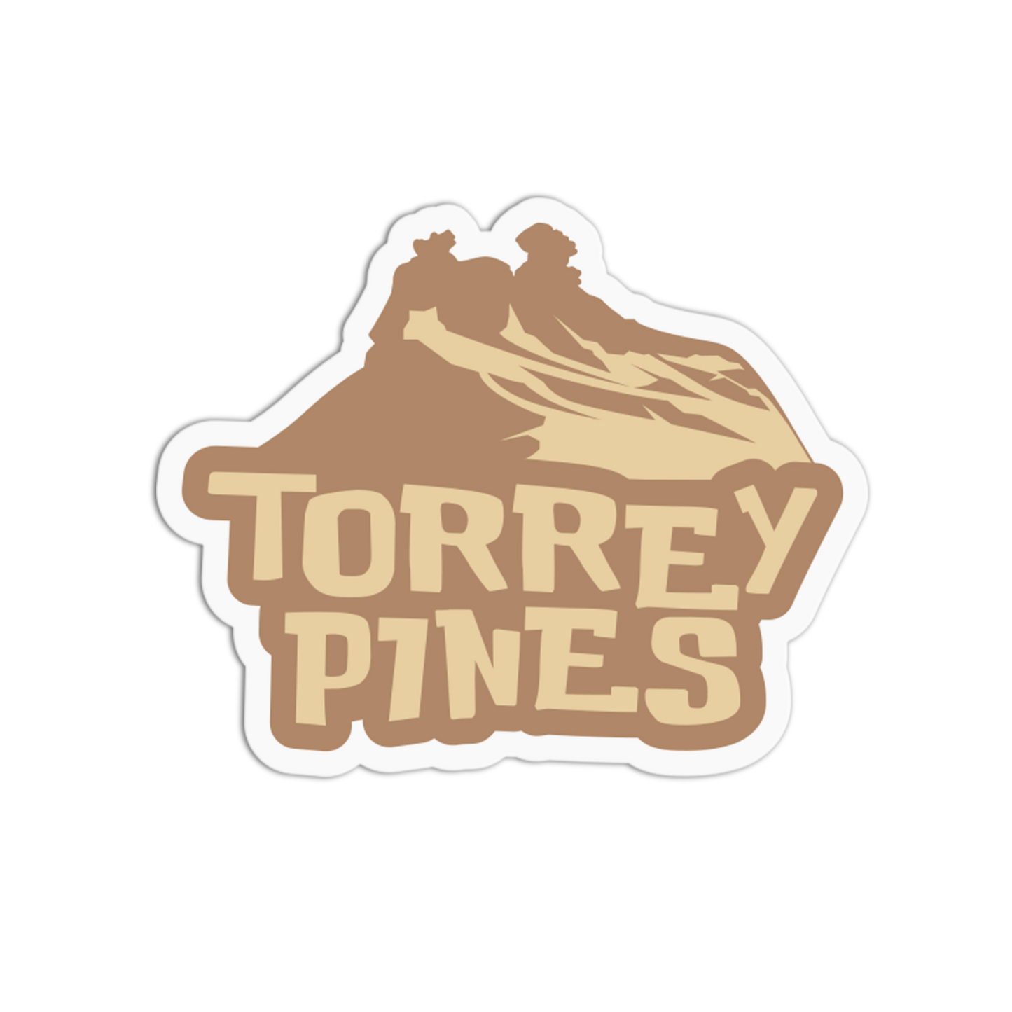 Sticker with 'Torrey Pines' text and mountain design on a white background
