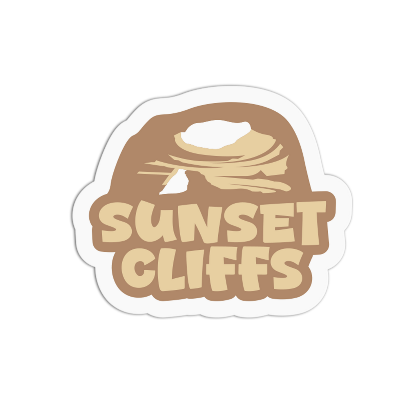 Sticker with 'Sunset Cliffs' text and a beach scene design on a white background