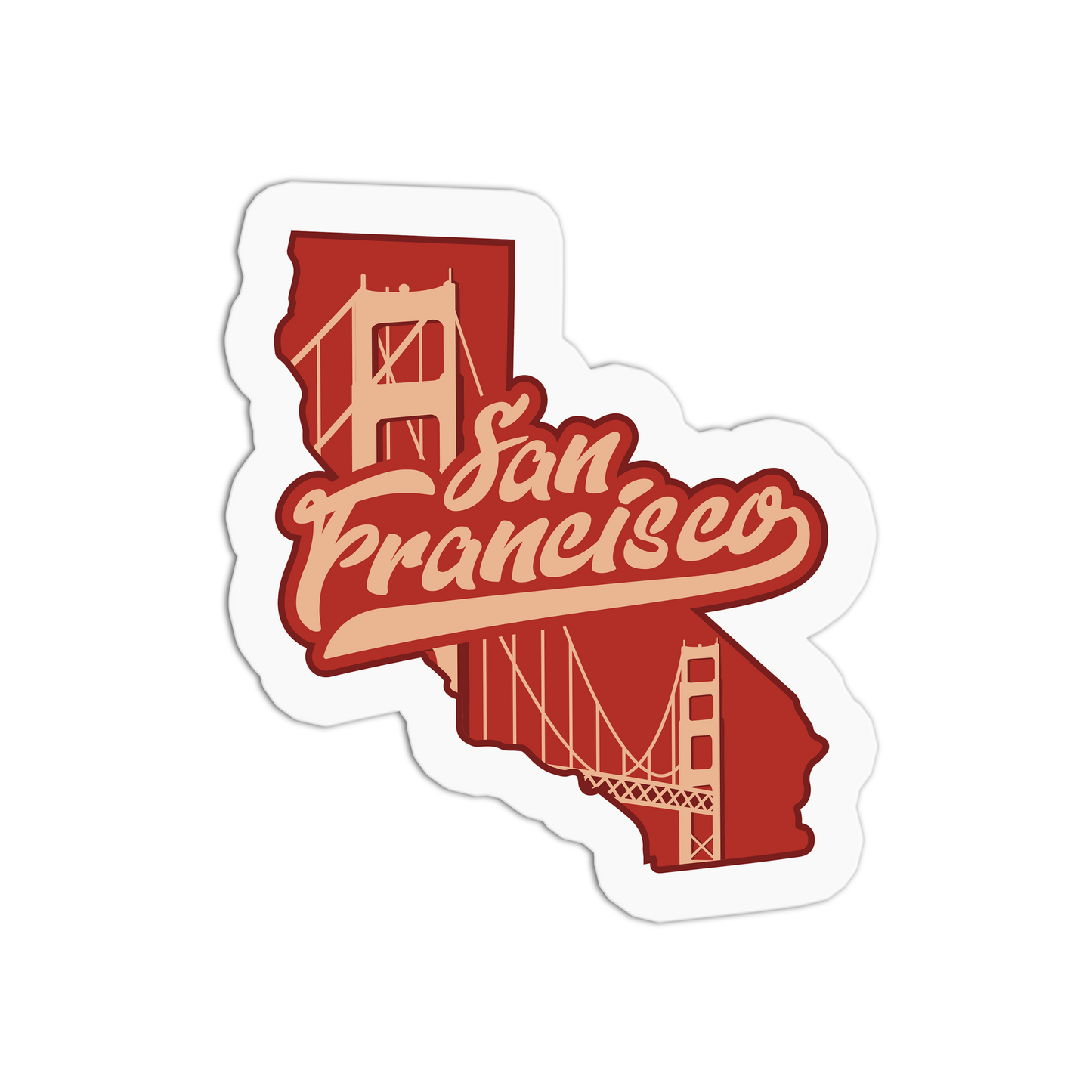Sticker with a red outline of California and 'San Francisco' text, featuring the Golden Gate Bridge illustration.