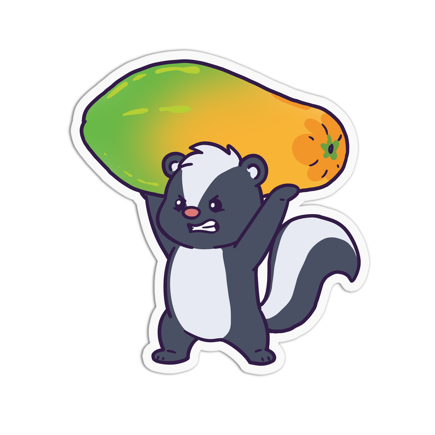 Cartoon skunk holding a mango on a white background