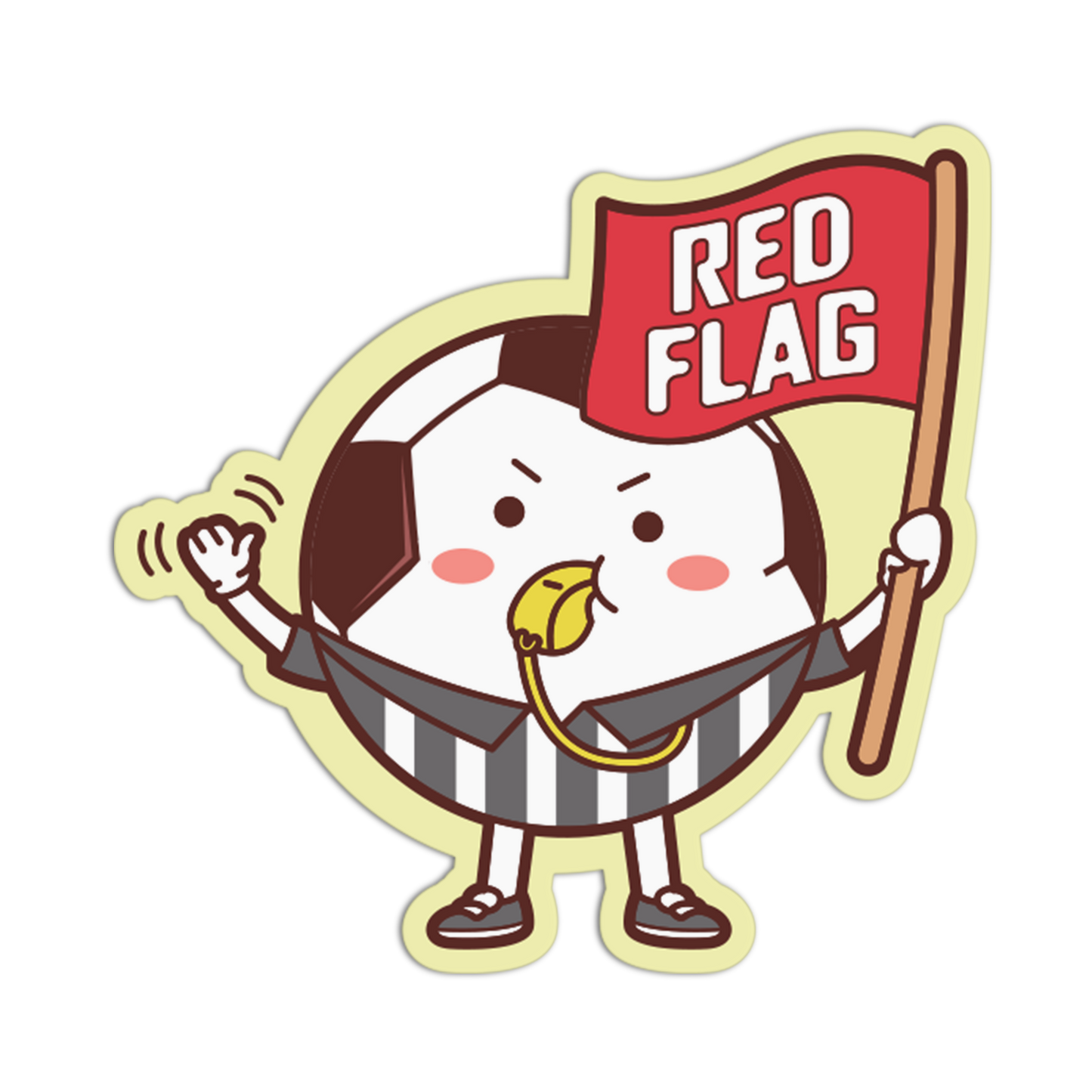 Cartoon soccer referee holding a red flag on a white background