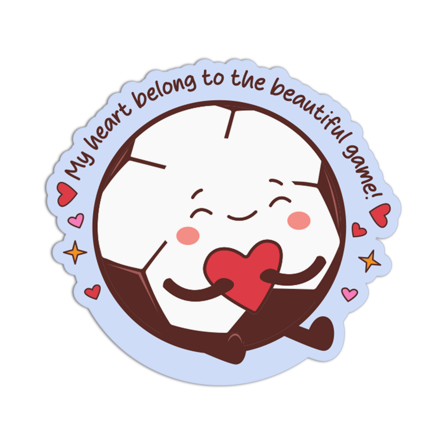 Cartoon character holding a heart with text 'My heart belongs to the beautiful game' on a white background