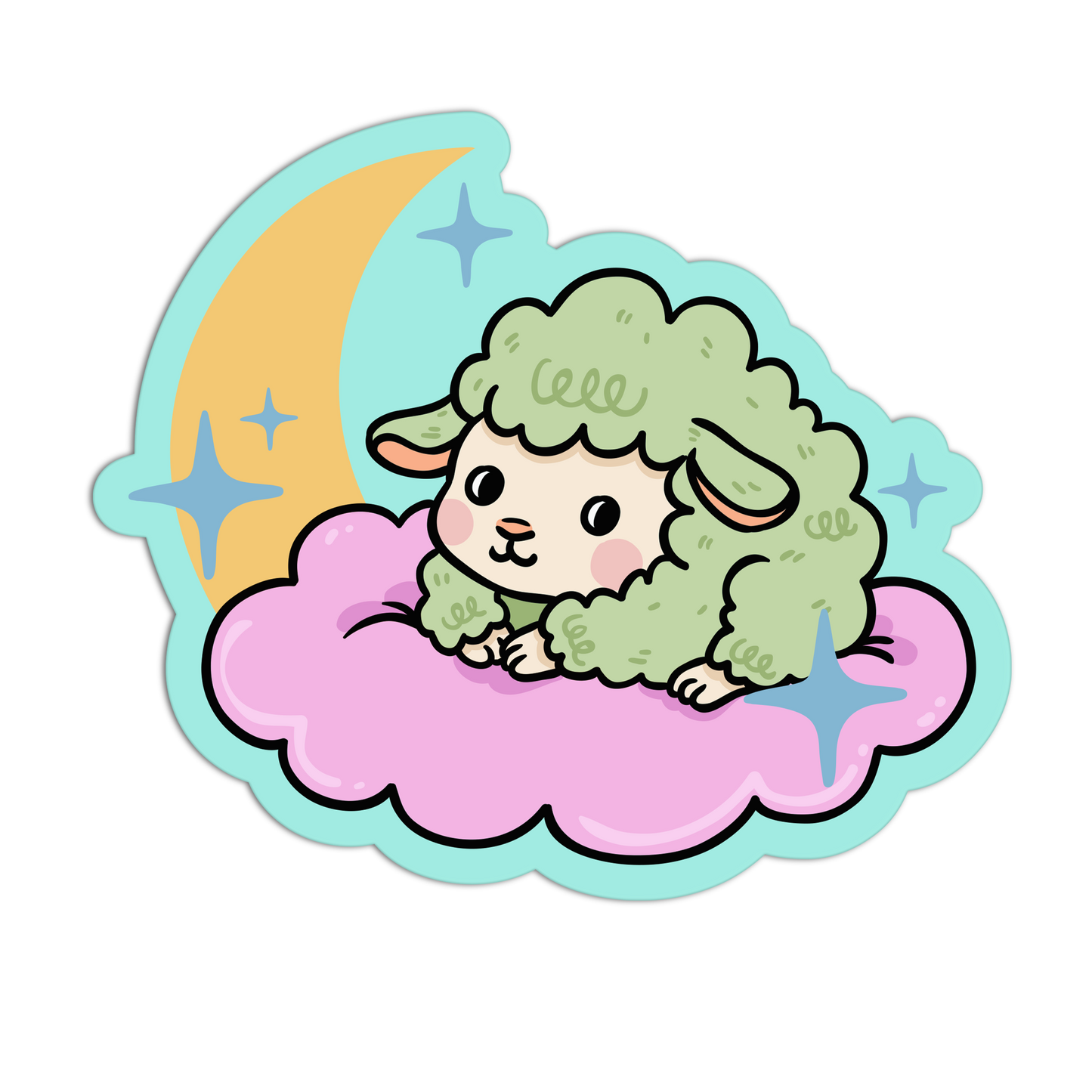 Cartoon sheep character on a cloud with a moon and stars in the background