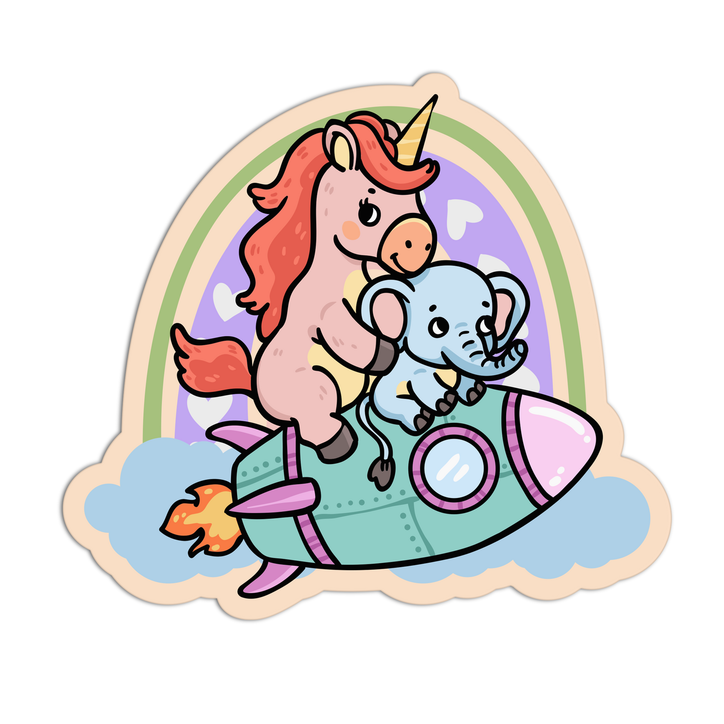 Cartoon unicorn with a rainbow and elephant on a cloud