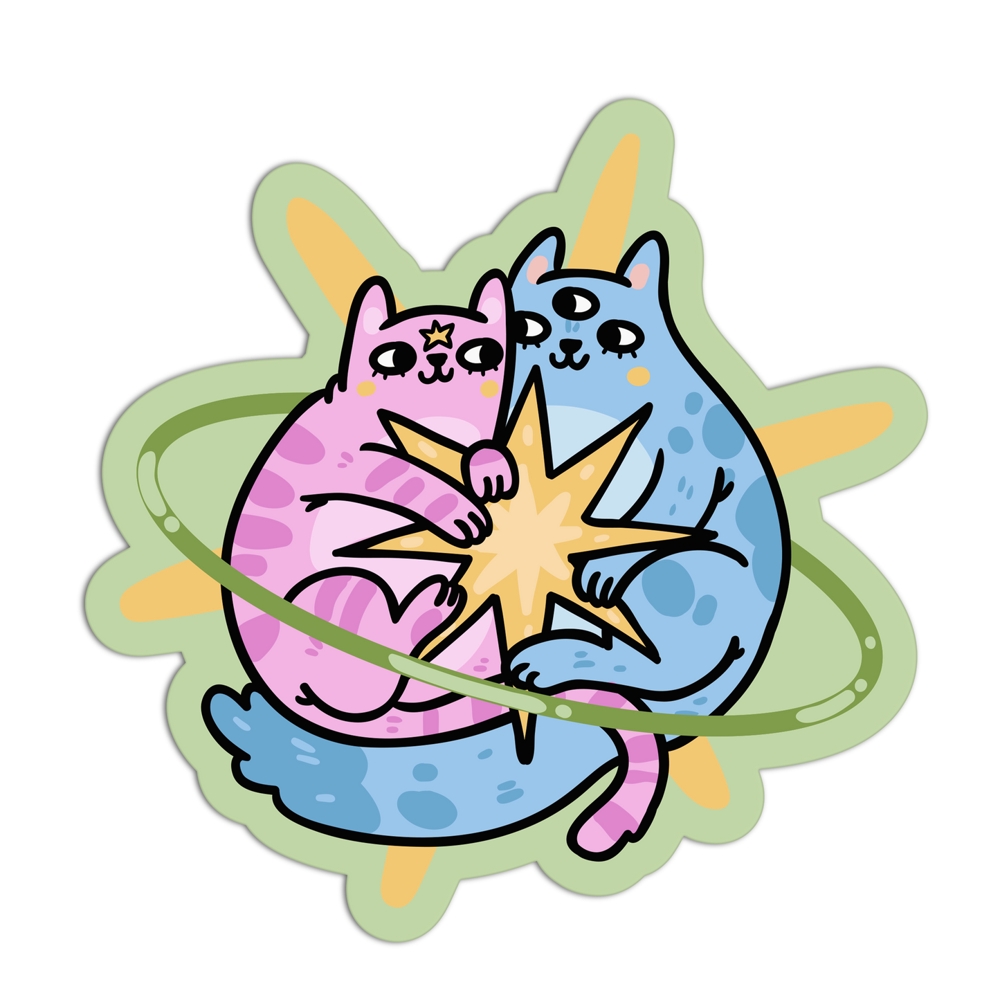 Colorful sticker of two cats holding a star with a green border on a white background