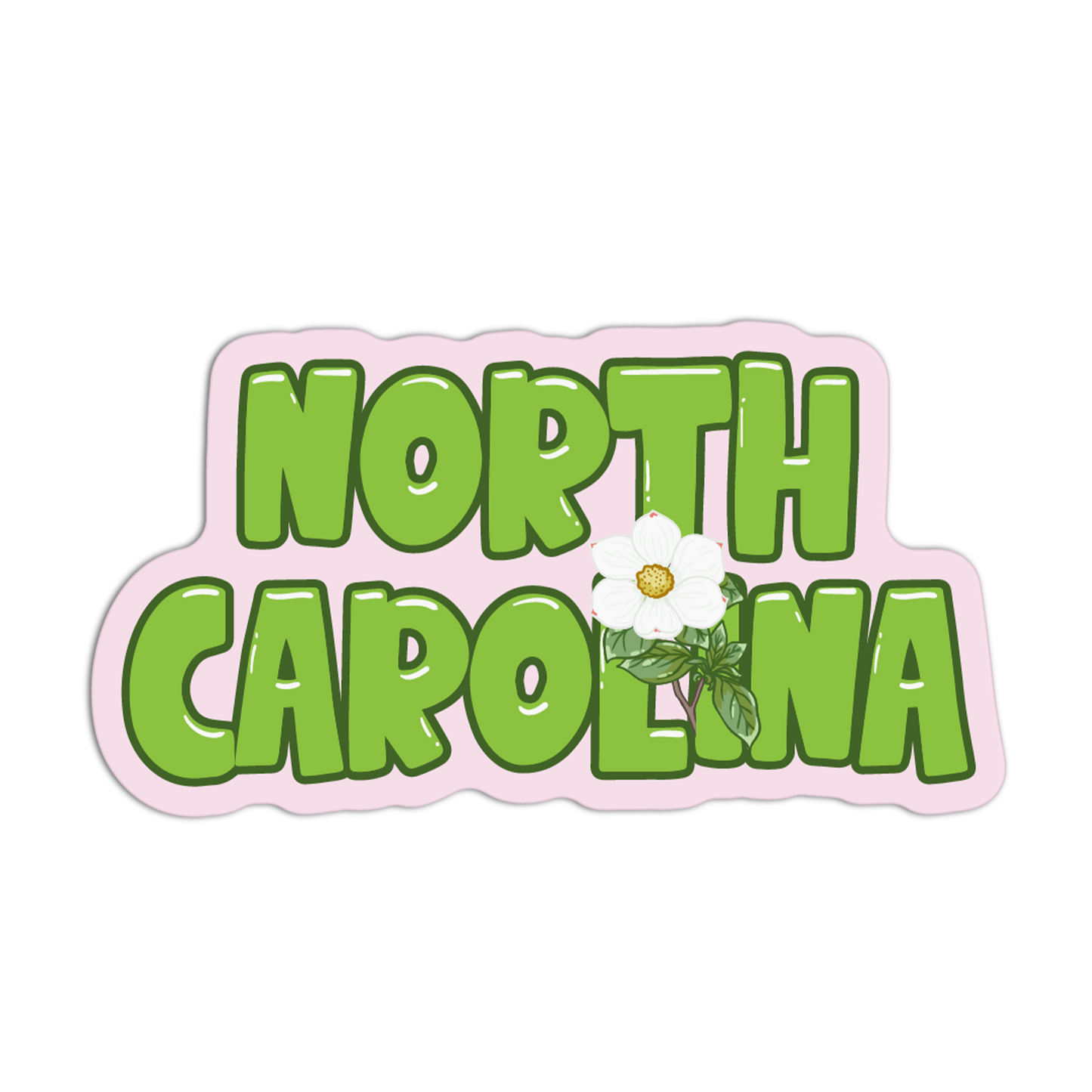Sticker with 'North Carolina' text and a white flower on a pink border