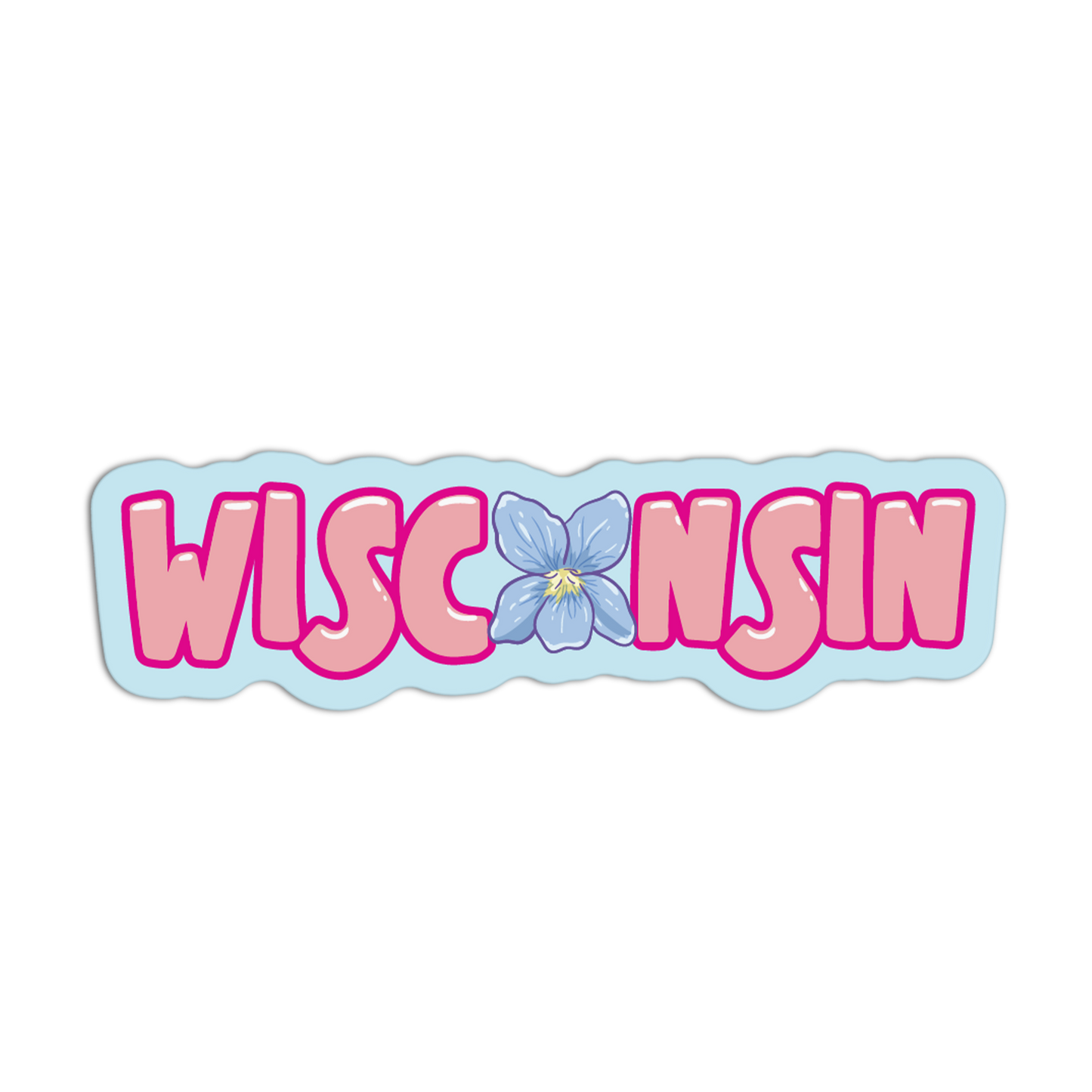 Sticker with 'WISCONSIN' text and a blue flower on a light blue background