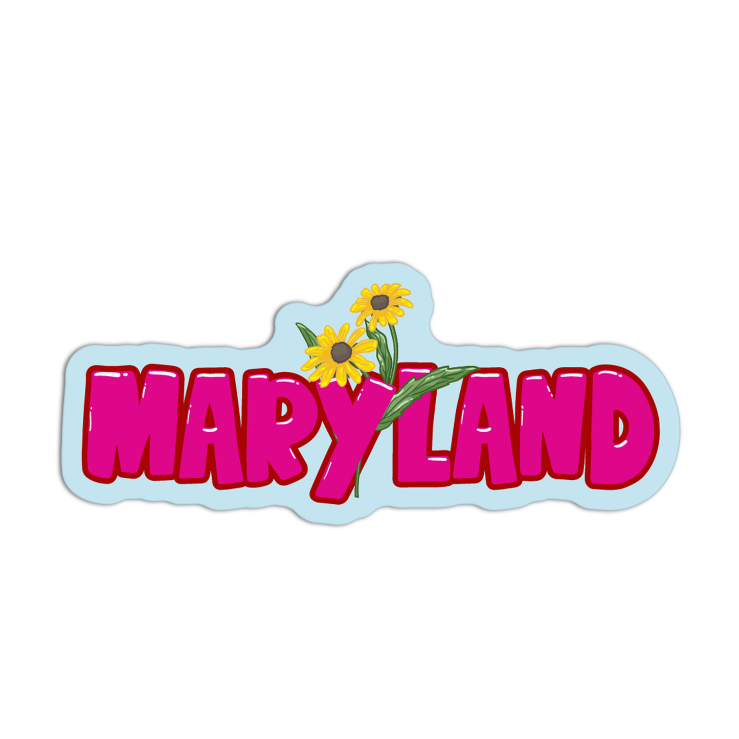Sticker with 'MARYLAND' text and sunflower design on a white background