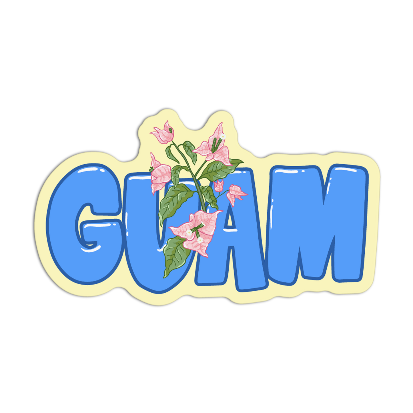 Sticker with 'GUAM' text and floral design on a white background