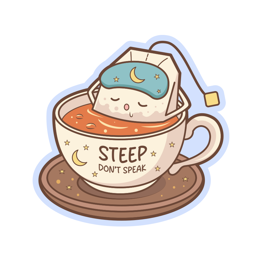 Illustration of a tea bag in a cup with 'Steep Don't Speak' text on a white background