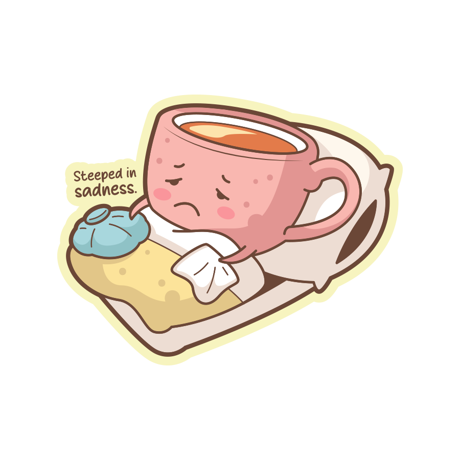 Cartoon cup of tea with a sad expression and a blue teabag labeled 'Steeped in sadness' on a white background.