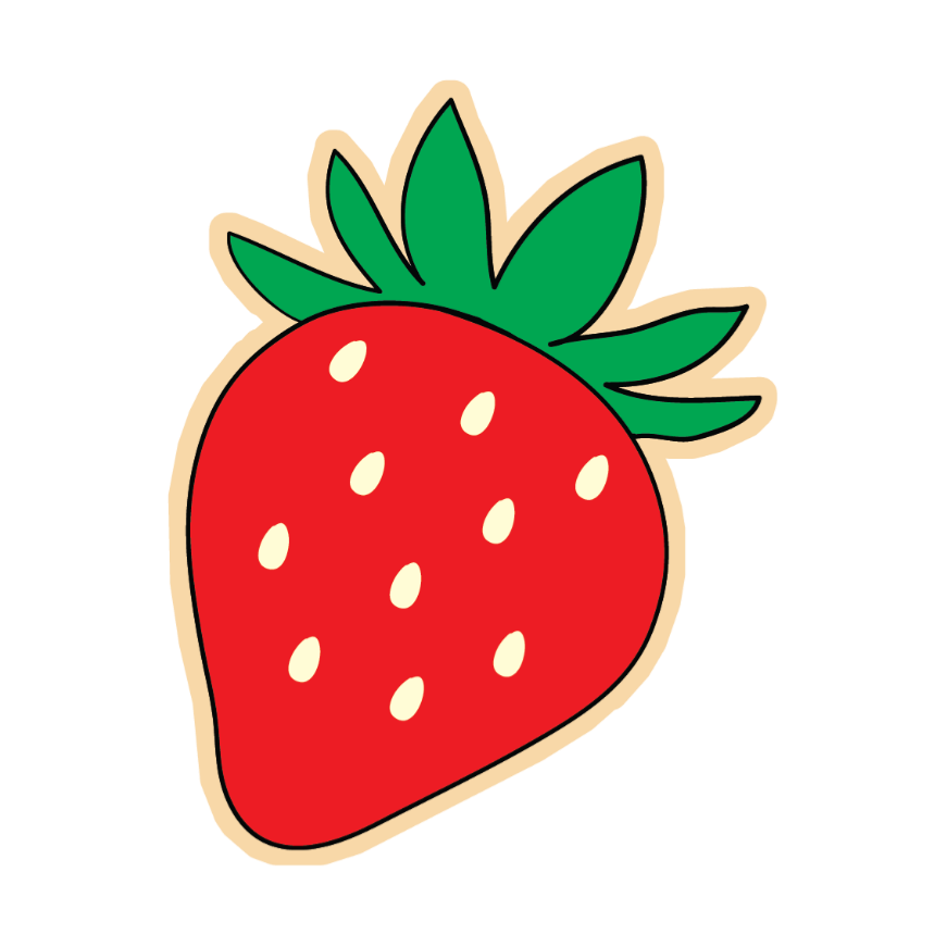 Illustration of a red strawberry with green leaves on a white background
