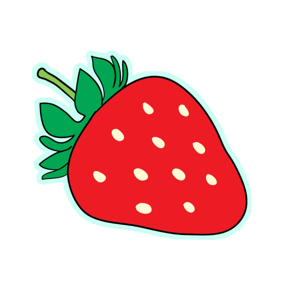 Cartoon strawberry with a green stem on a white background