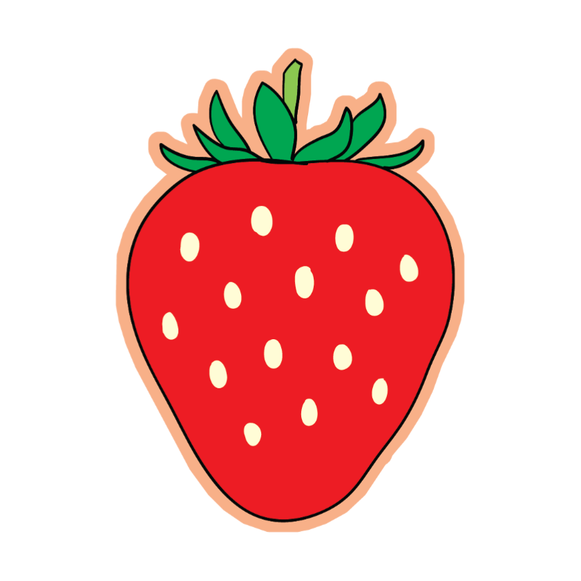 Illustration of a red strawberry with green leaves on a white background