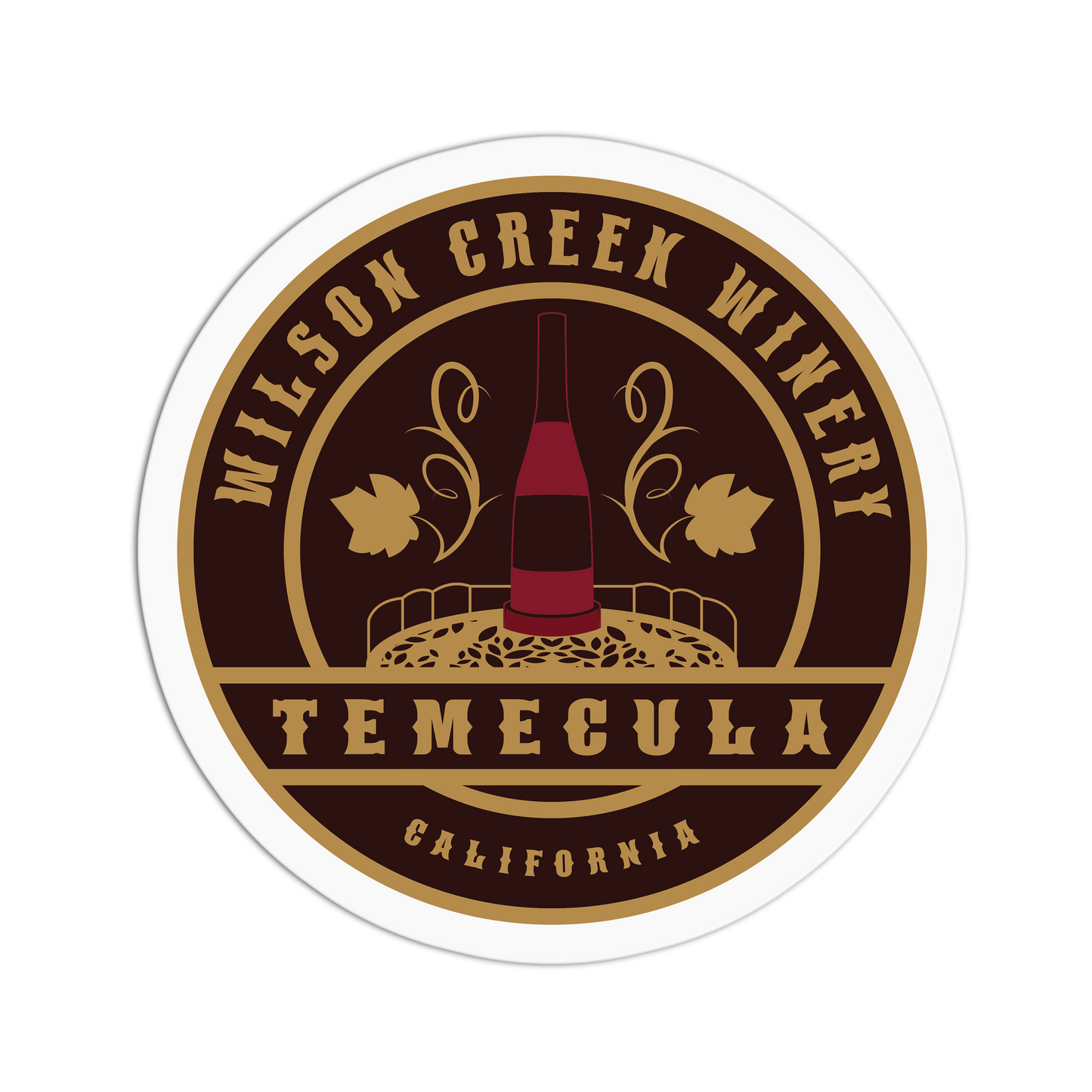 Wilson Creek Winery logo with a wine bottle and vineyard illustration on a brown background.