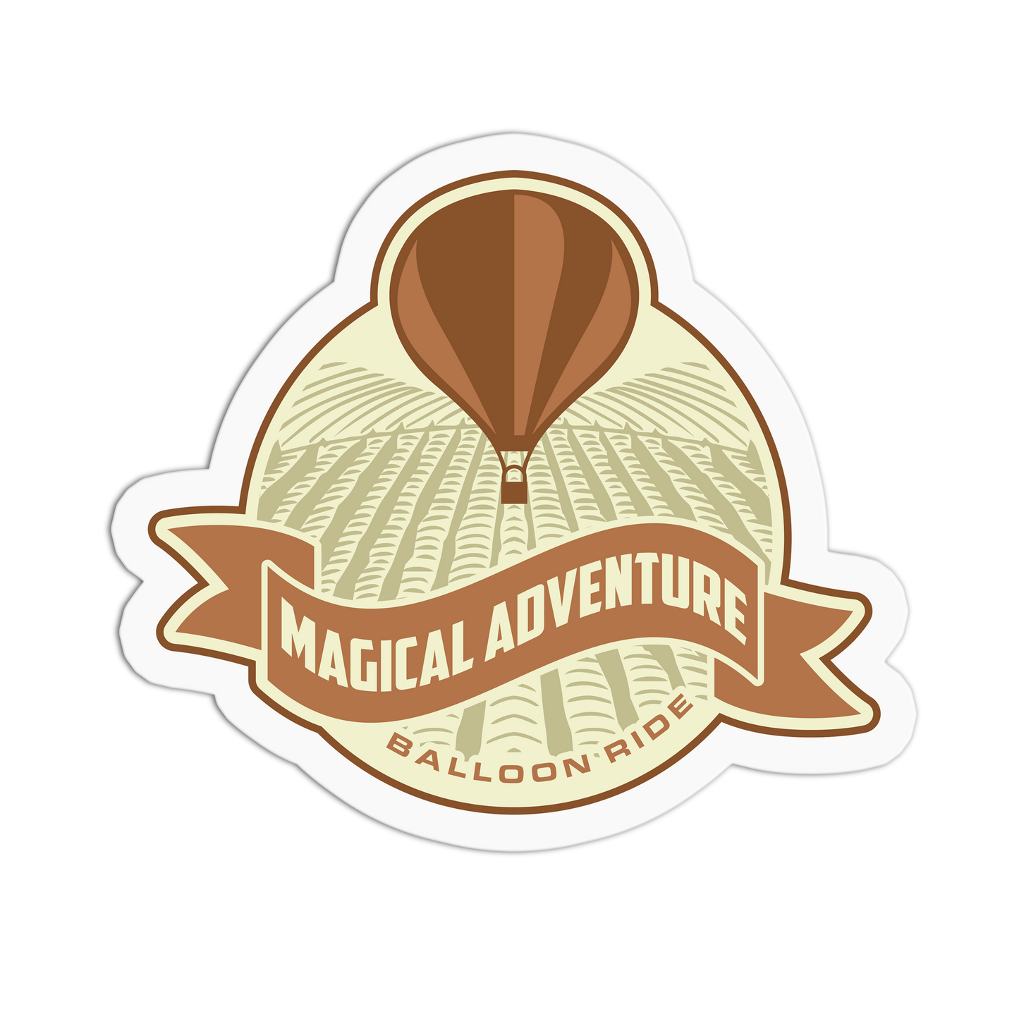 Sticker with a hot air balloon and 'Magical Adventure Balloon Ride' text on a white background